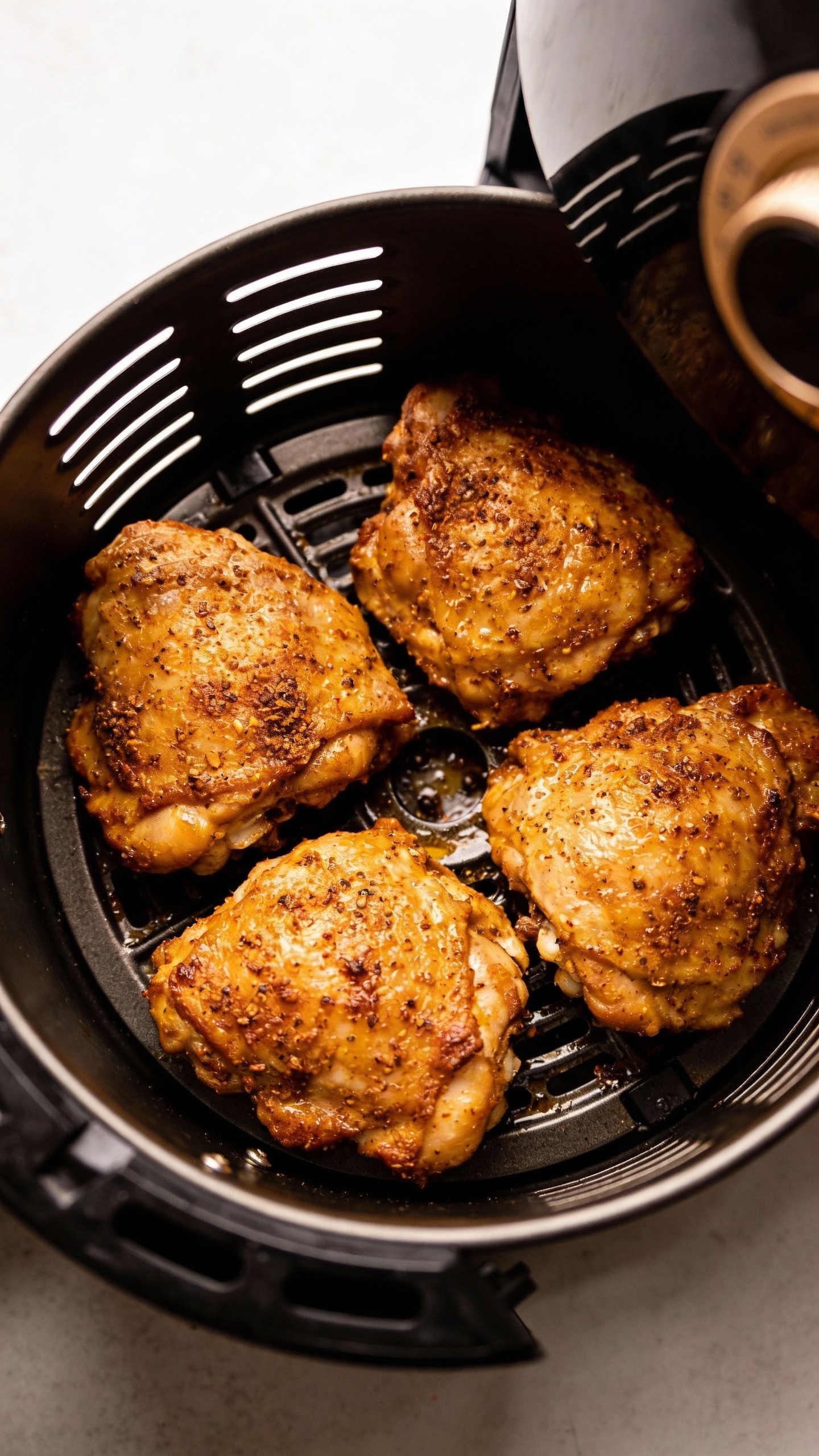 Seasoned chicken thighs in air fryer basket, overhead, high contrast