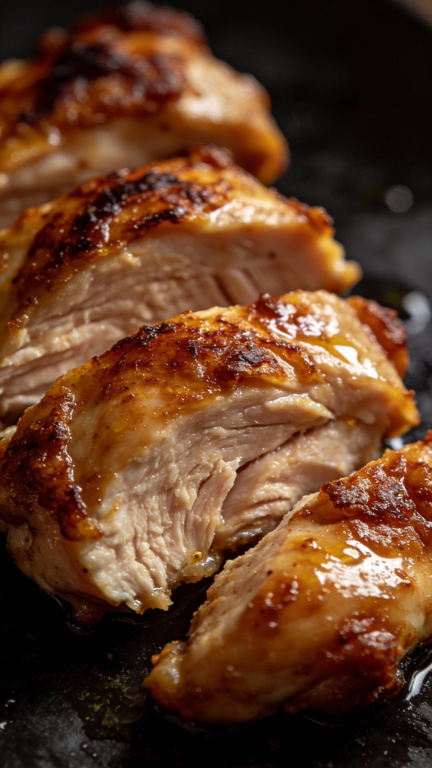 Juicy sliced chicken thigh with crispy skin, close-up, moody lighting