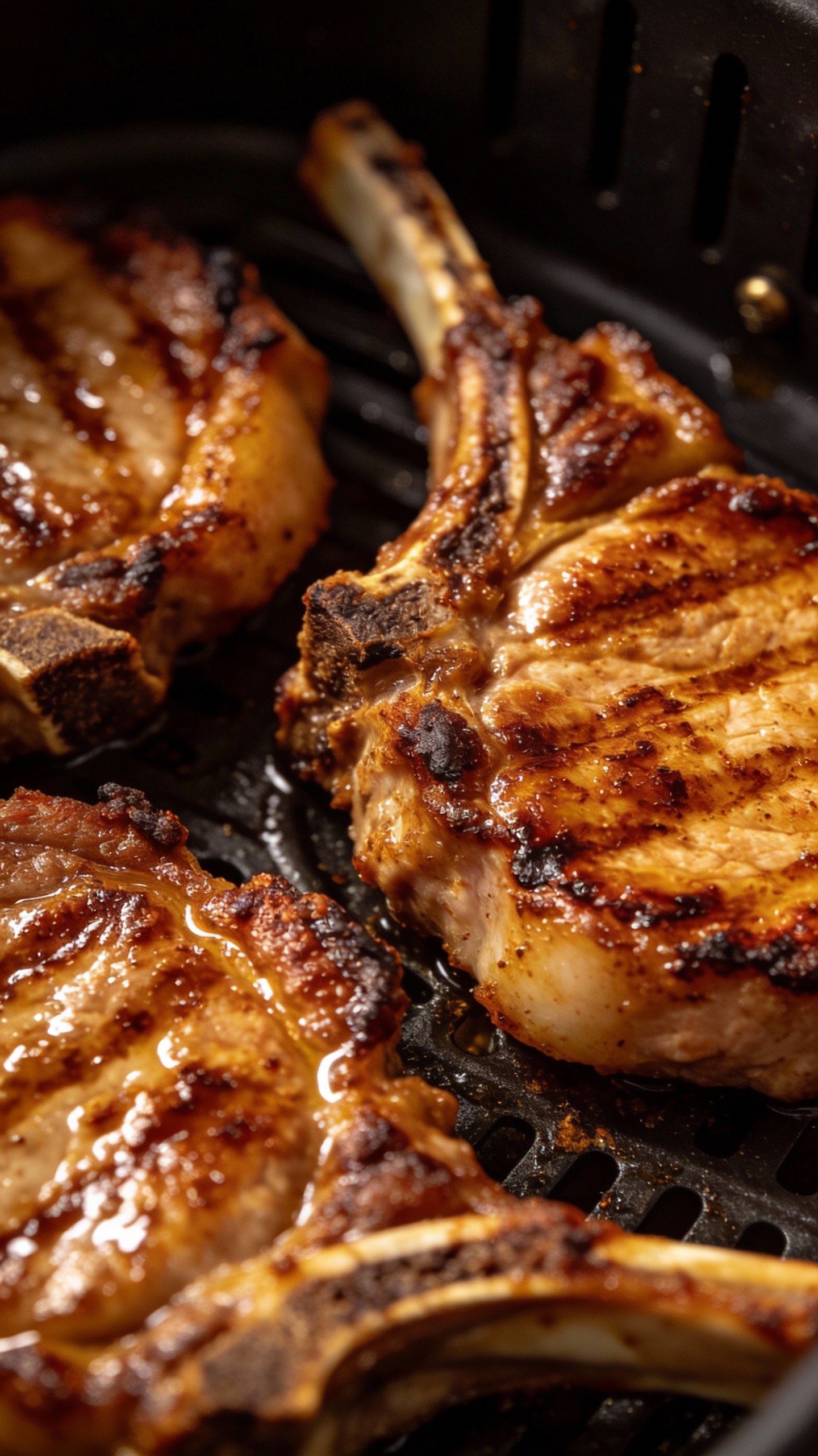 Bone-in air fryer pork chops, caramelized crust, overhead shot