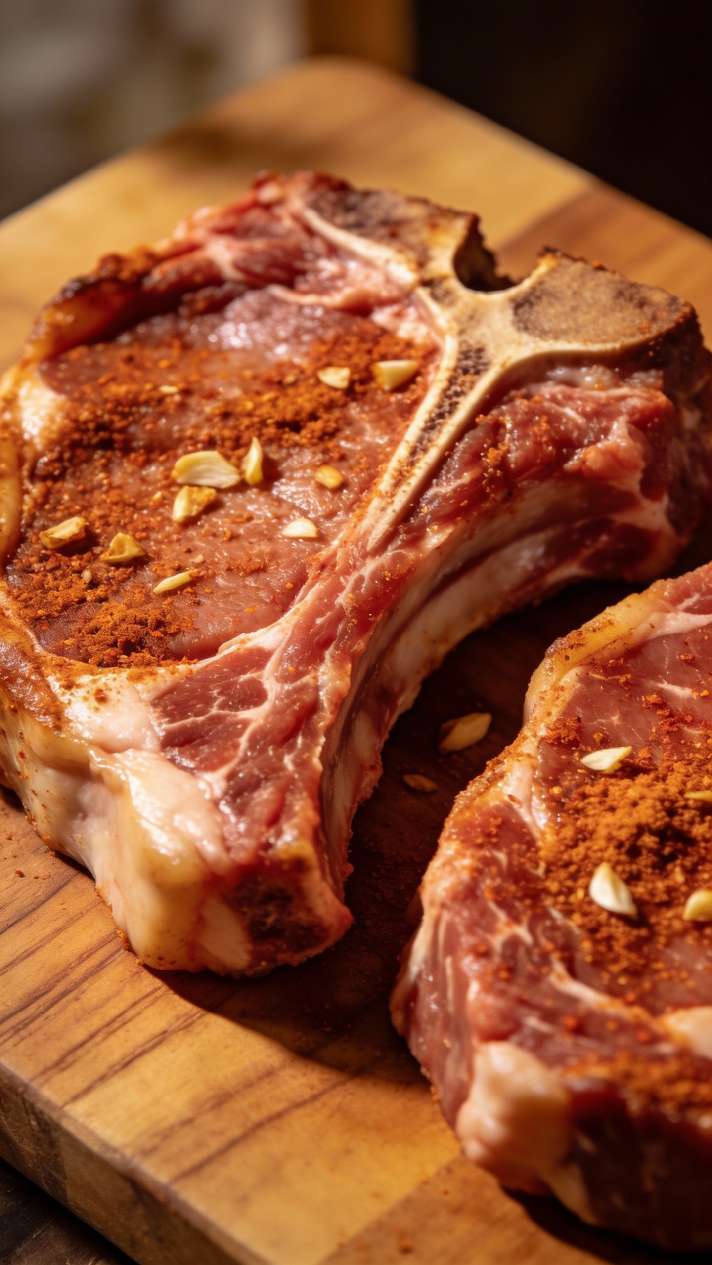 Raw bone-in pork chops, garlic paprika rub, on board