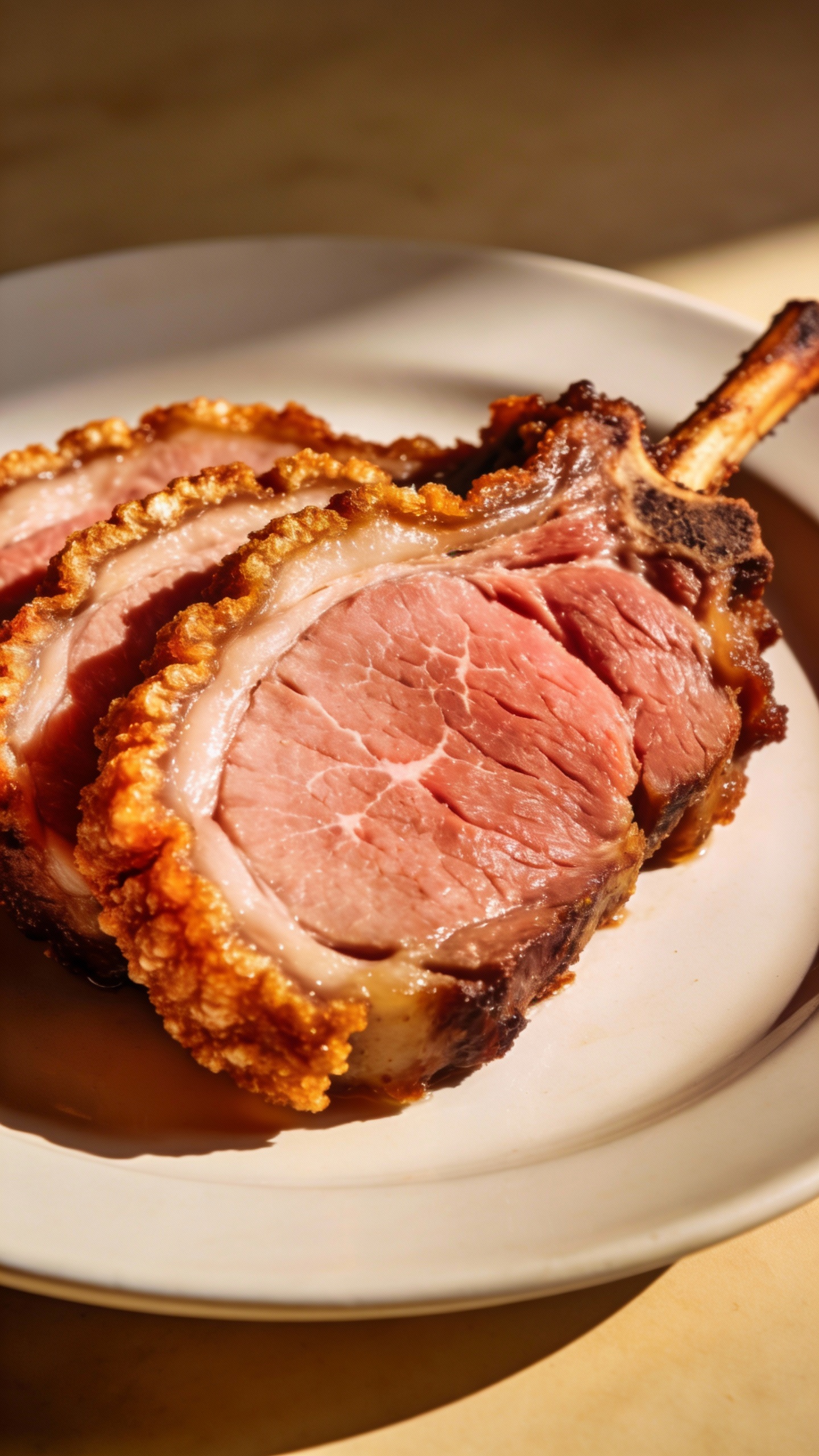 Juicy sliced pork chop, crackly edges, on white plate