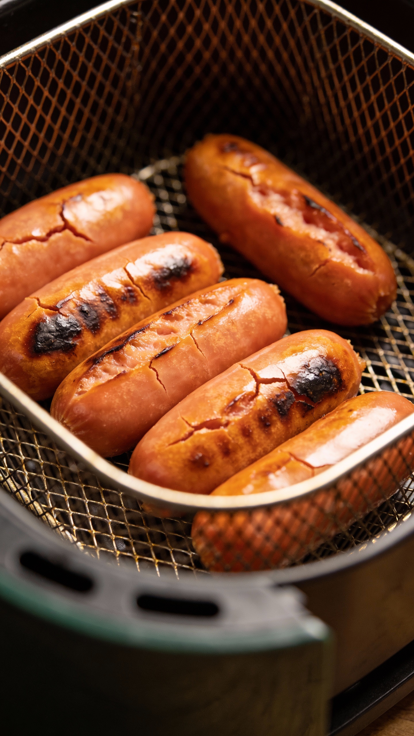 air fryer basket with blistered hot dogs, overhead shot