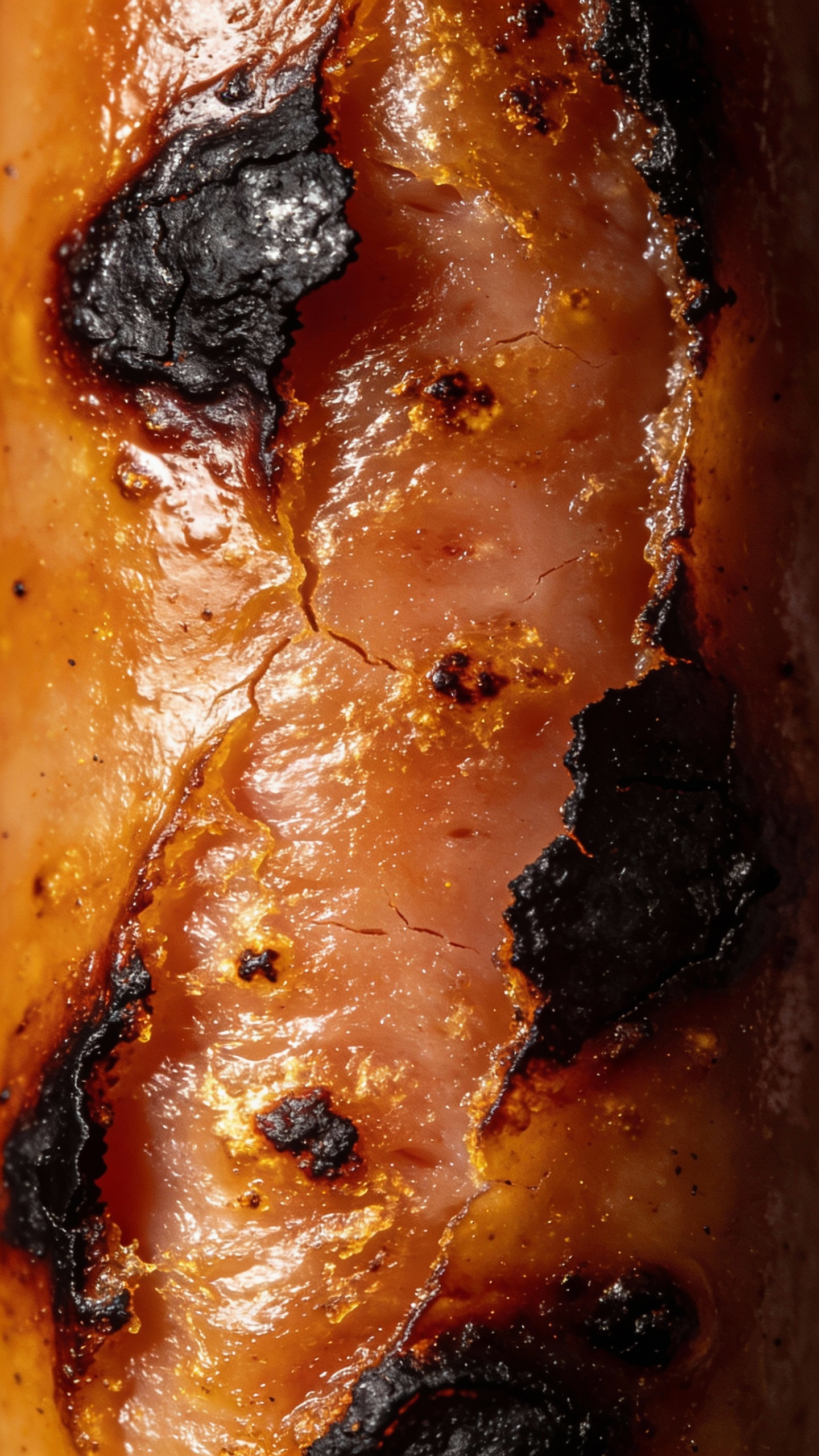 close-up of charred hot dog skin, professional studio lighting
