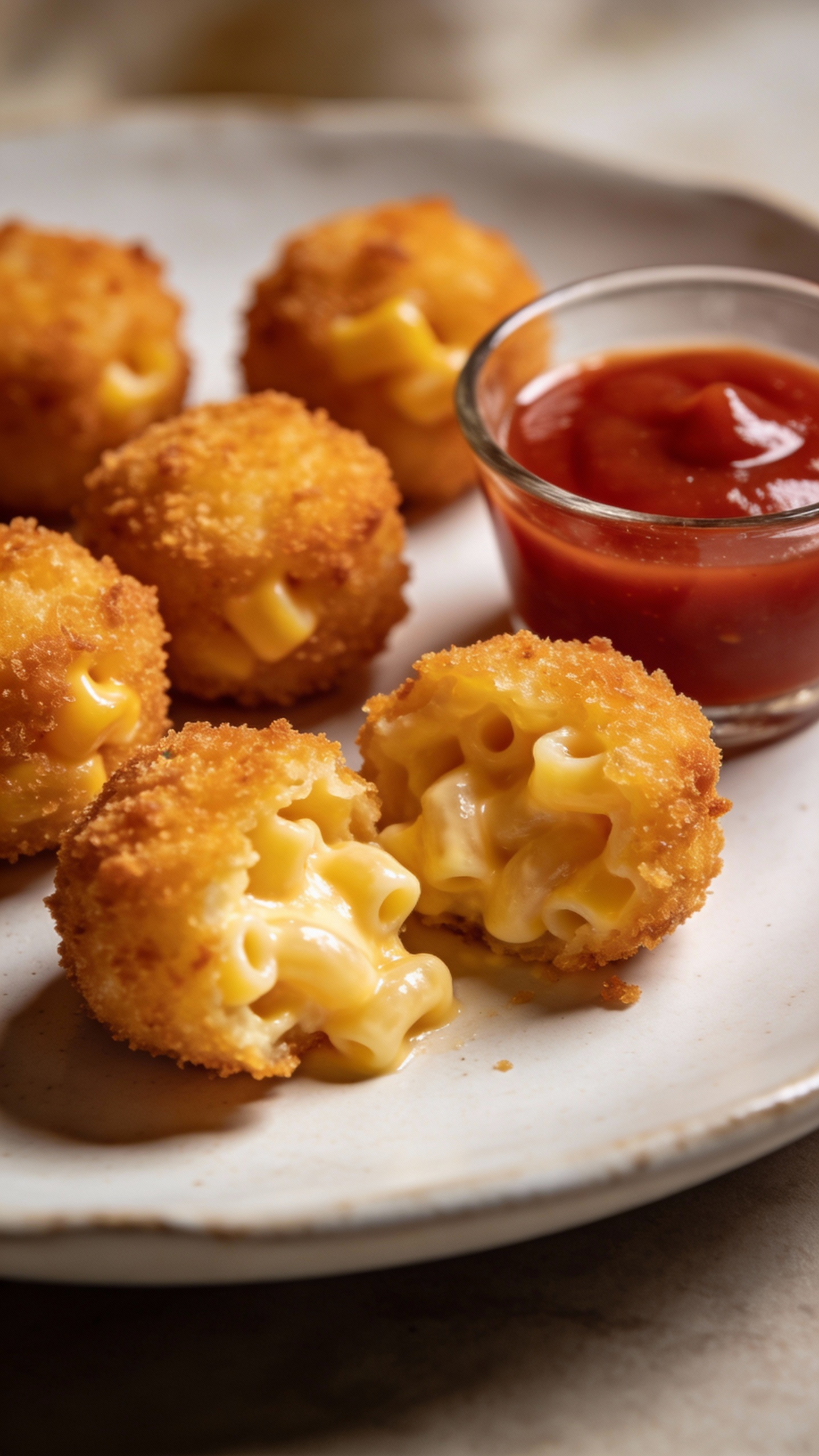 Mac and cheese bites with ketchup dipping cup