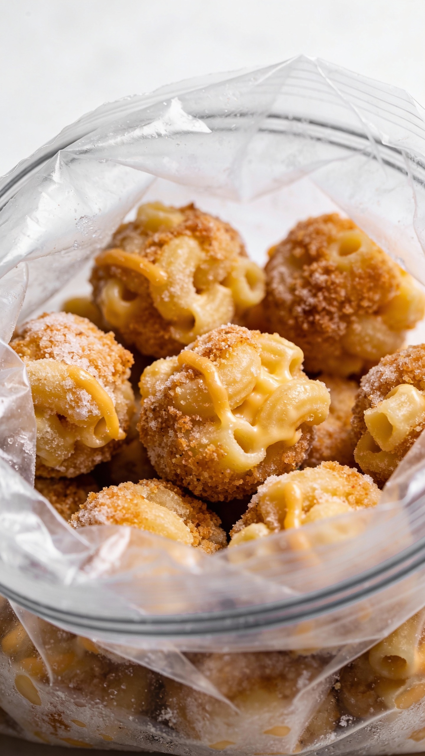 Frozen mac and cheese bites in labeled freezer bag