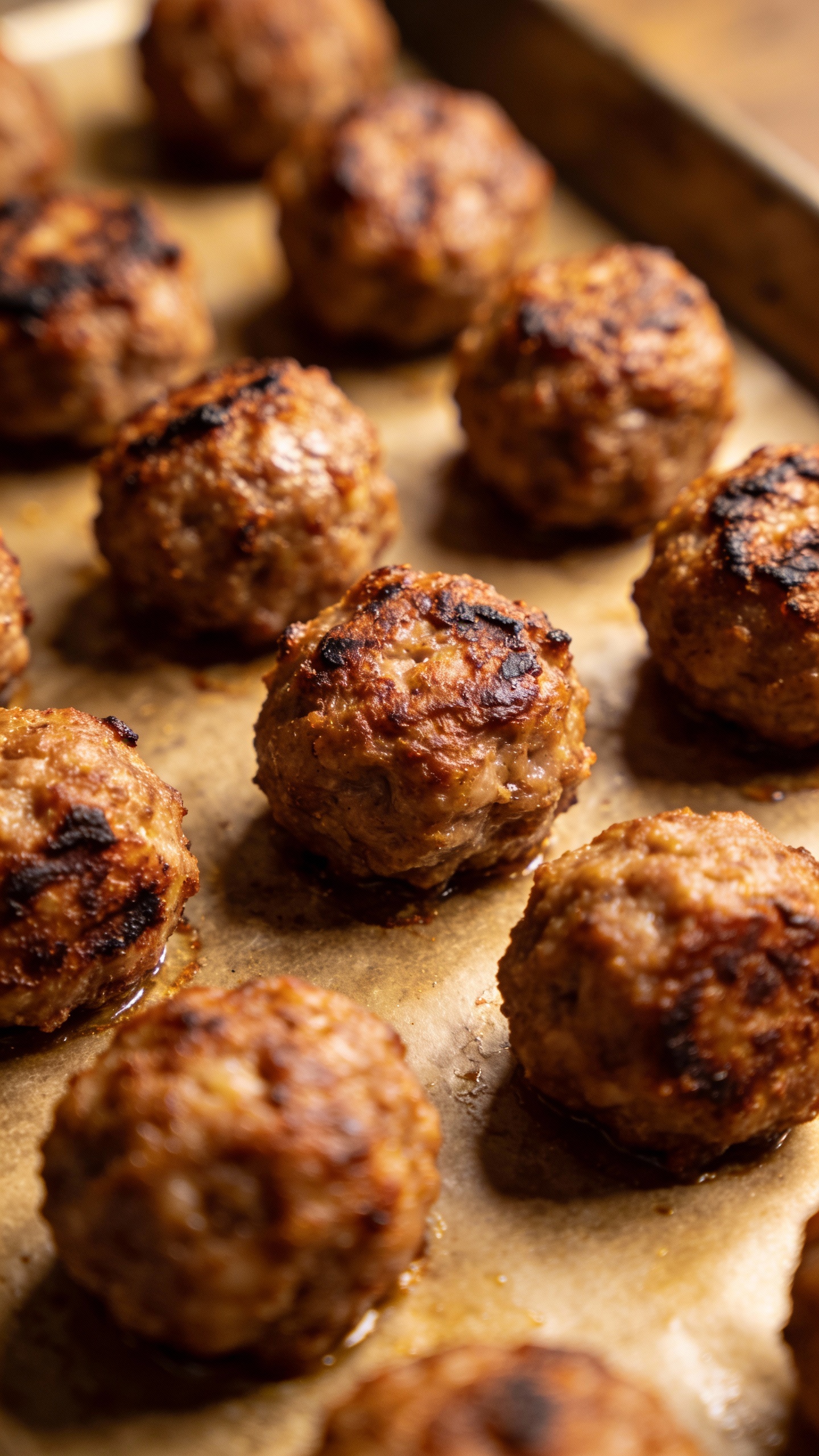 Air fryer meatballs on sheet, crispy exterior, overhead