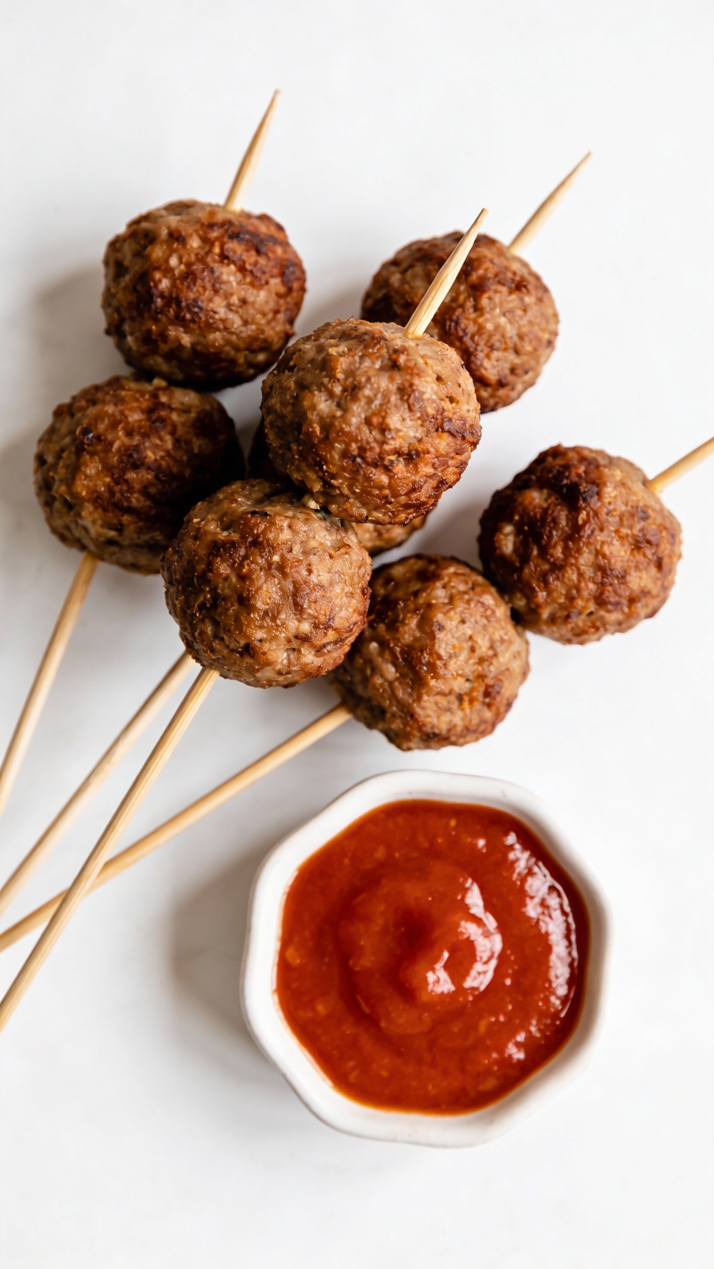 Meatballs on toothpicks with marinara dip, white backdrop