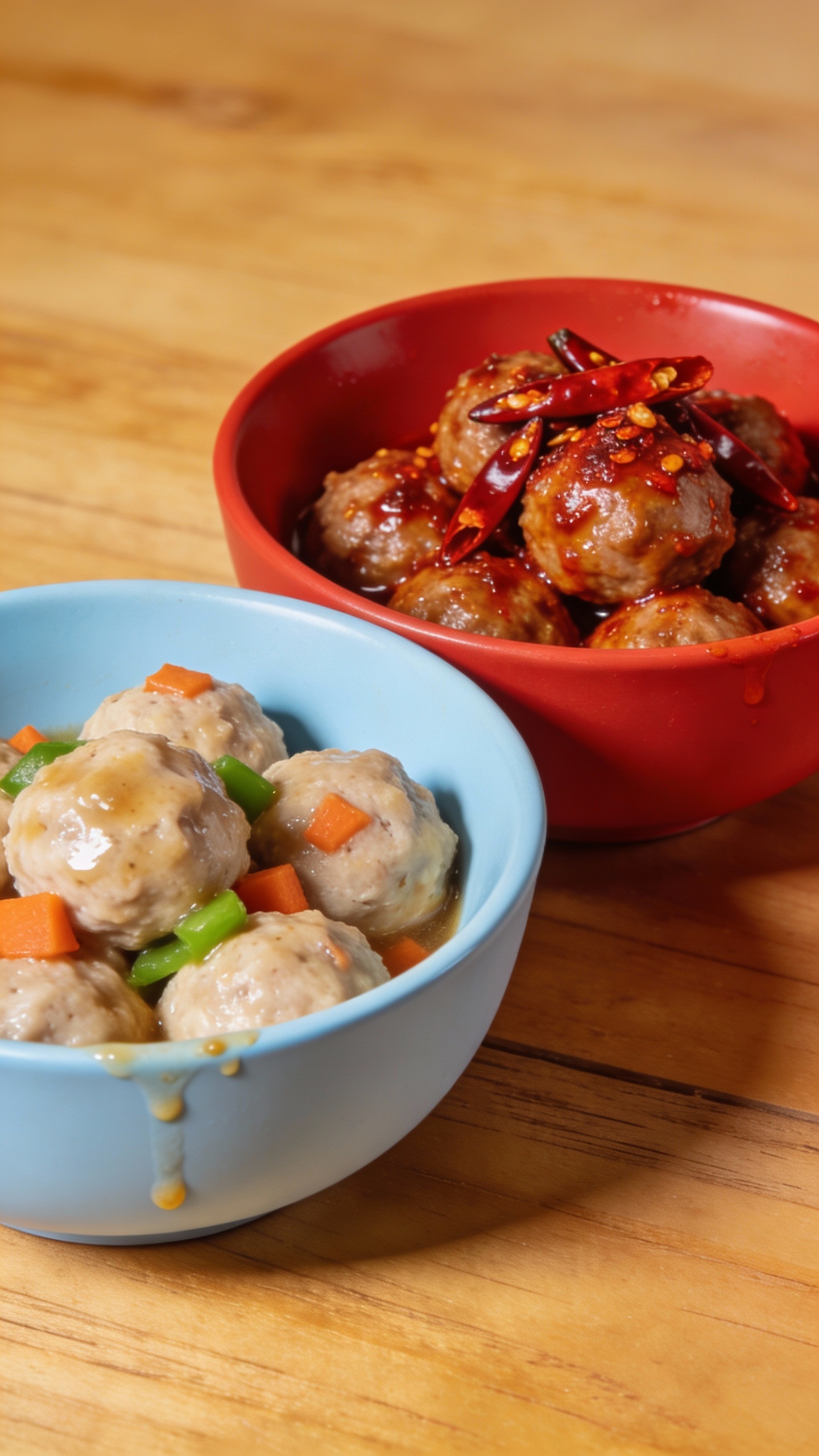 Split batch: kid-friendly and spicy meatballs, labeled bowls