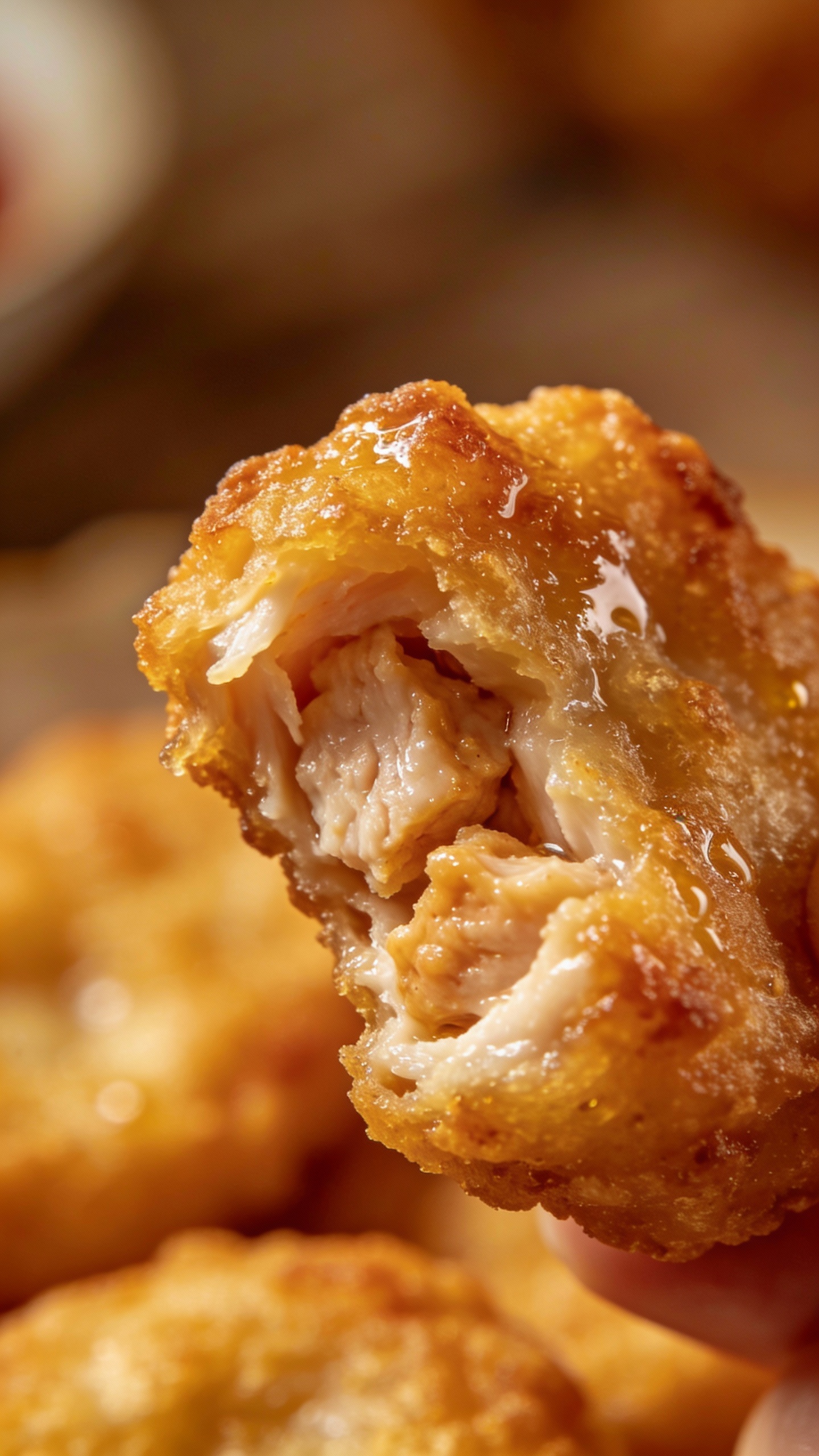 juicy chicken nugget bite showing interior, close-up macro