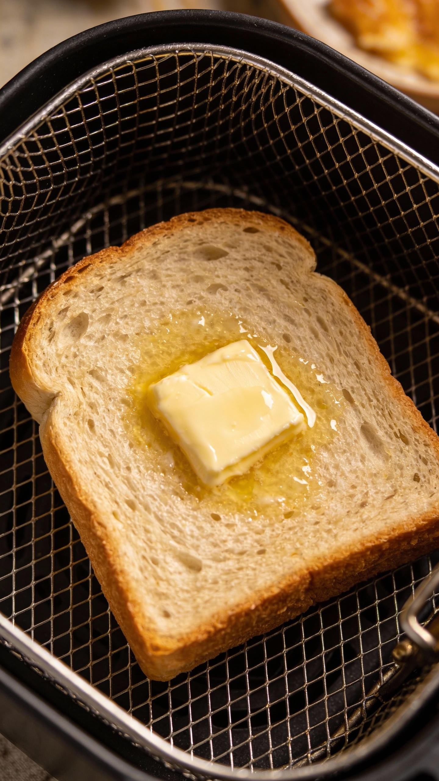 buttered bread in air fryer basket, pre-cook overhead shot