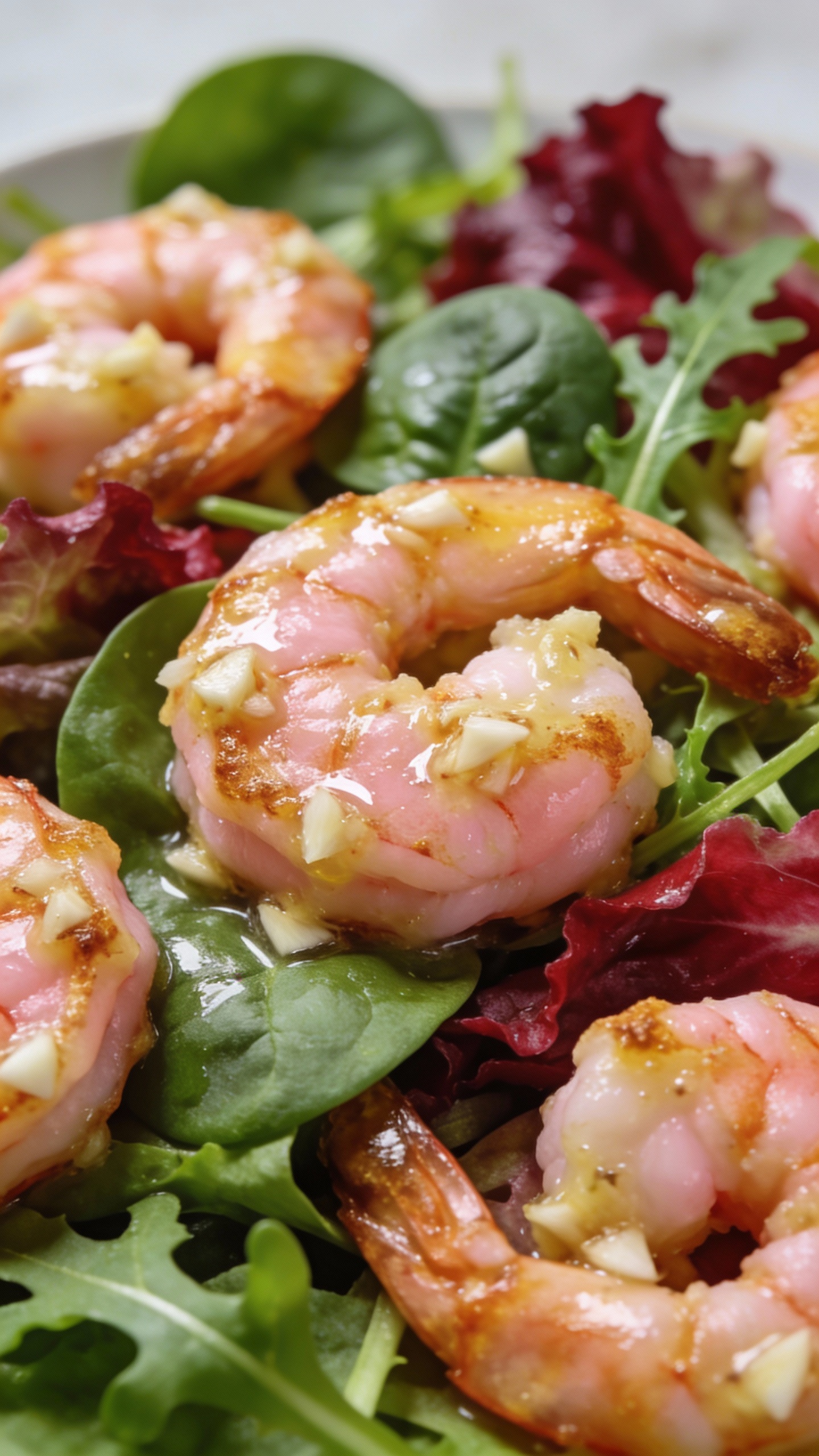 Garlic butter shrimp over mixed greens, light lunch styling
