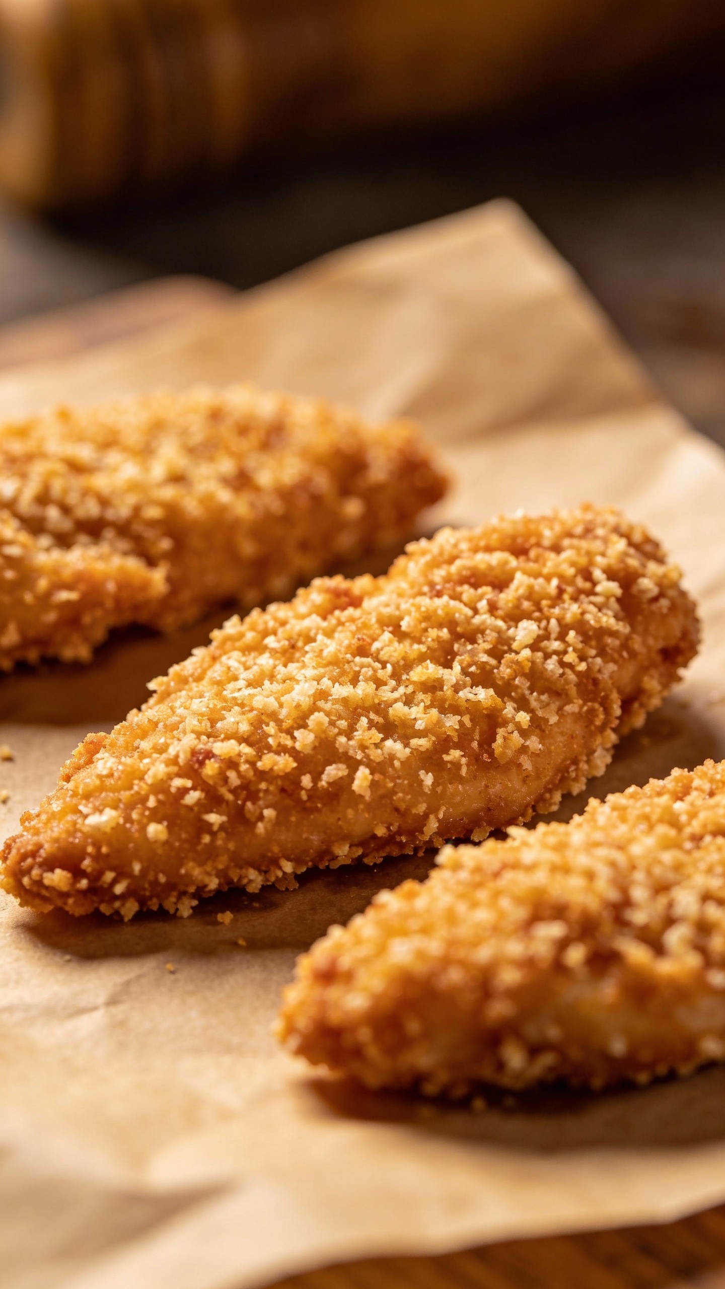 air fryer chicken tenders on parchment, crisp panko crust