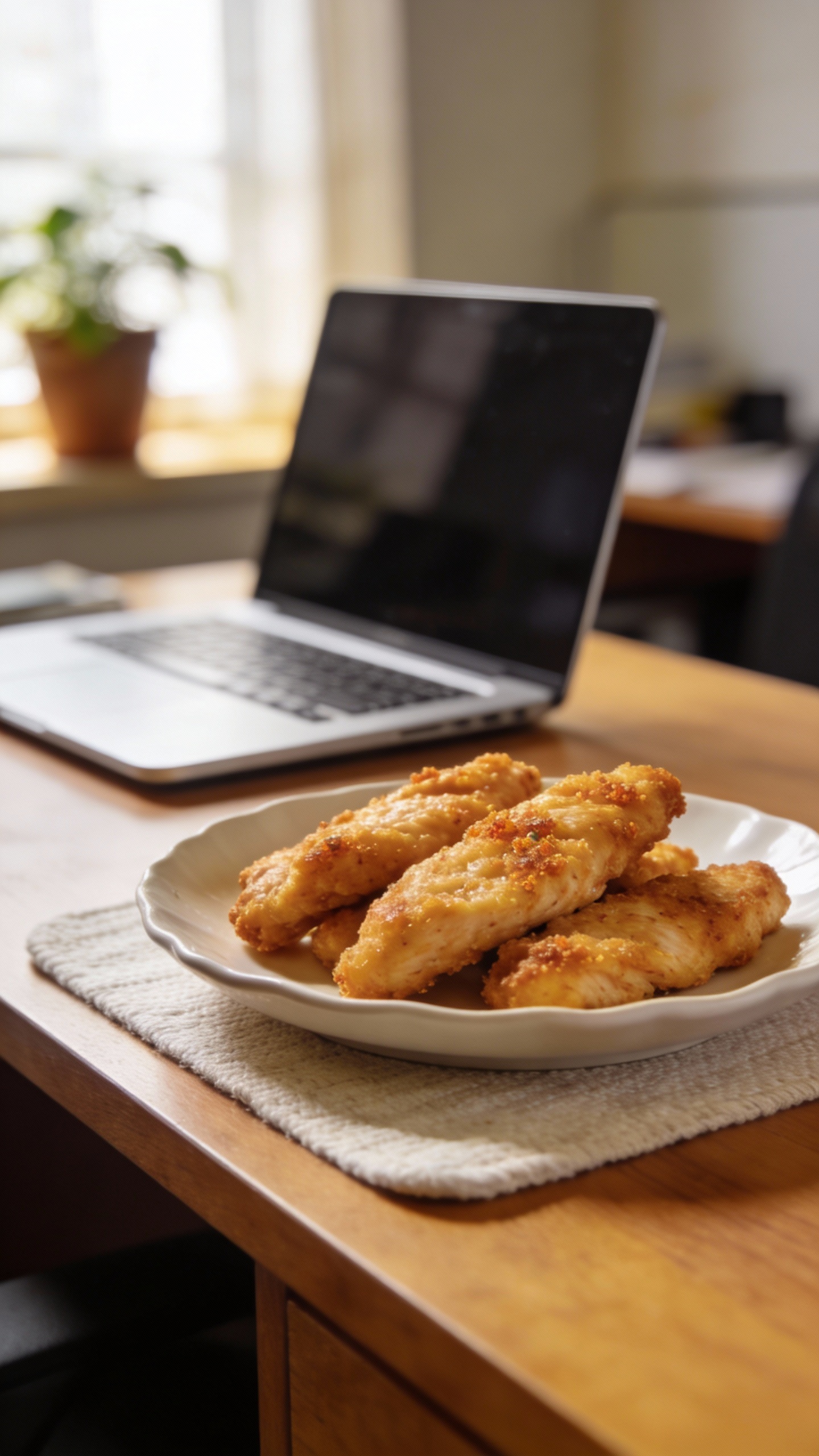 work-from-home desk lunch: chicken tenders with laptop, natural light