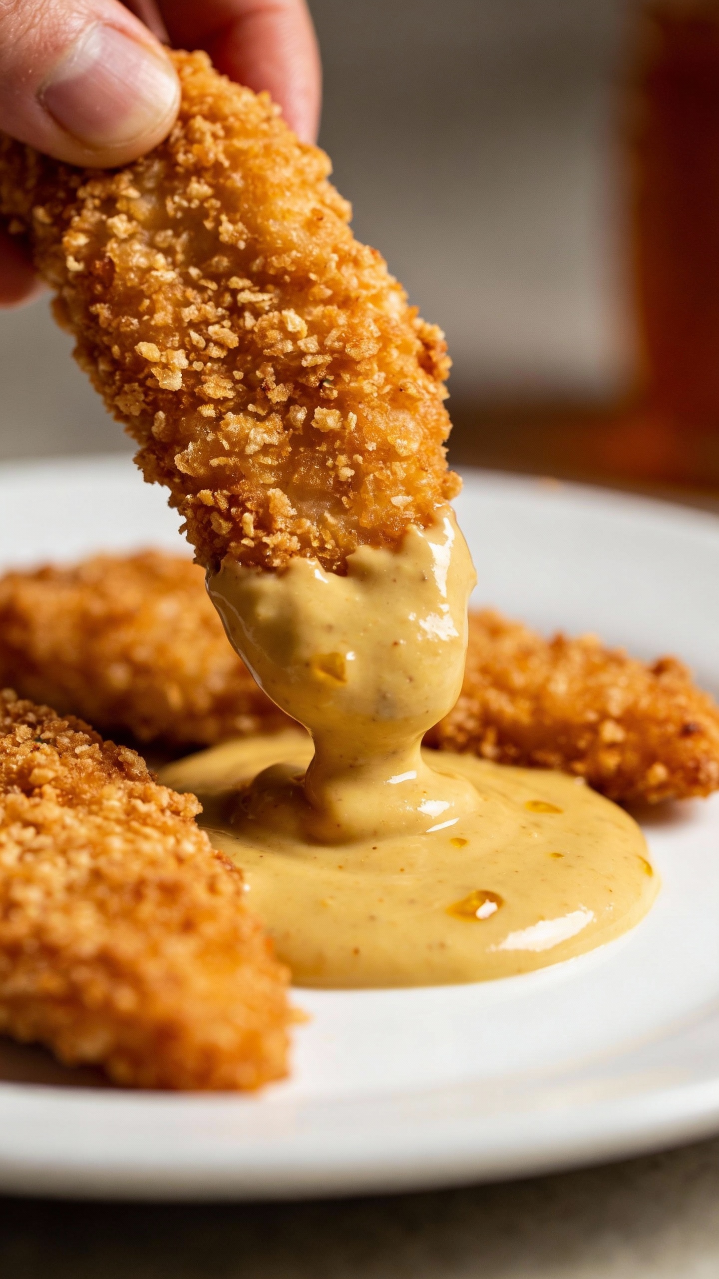 dipping crispy chicken tenders into honey mustard, clean white plate