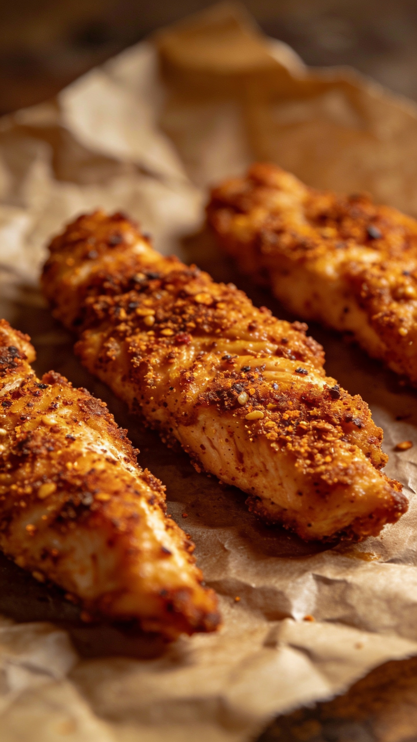 Air fryer chicken strips on parchment, bold spice rub