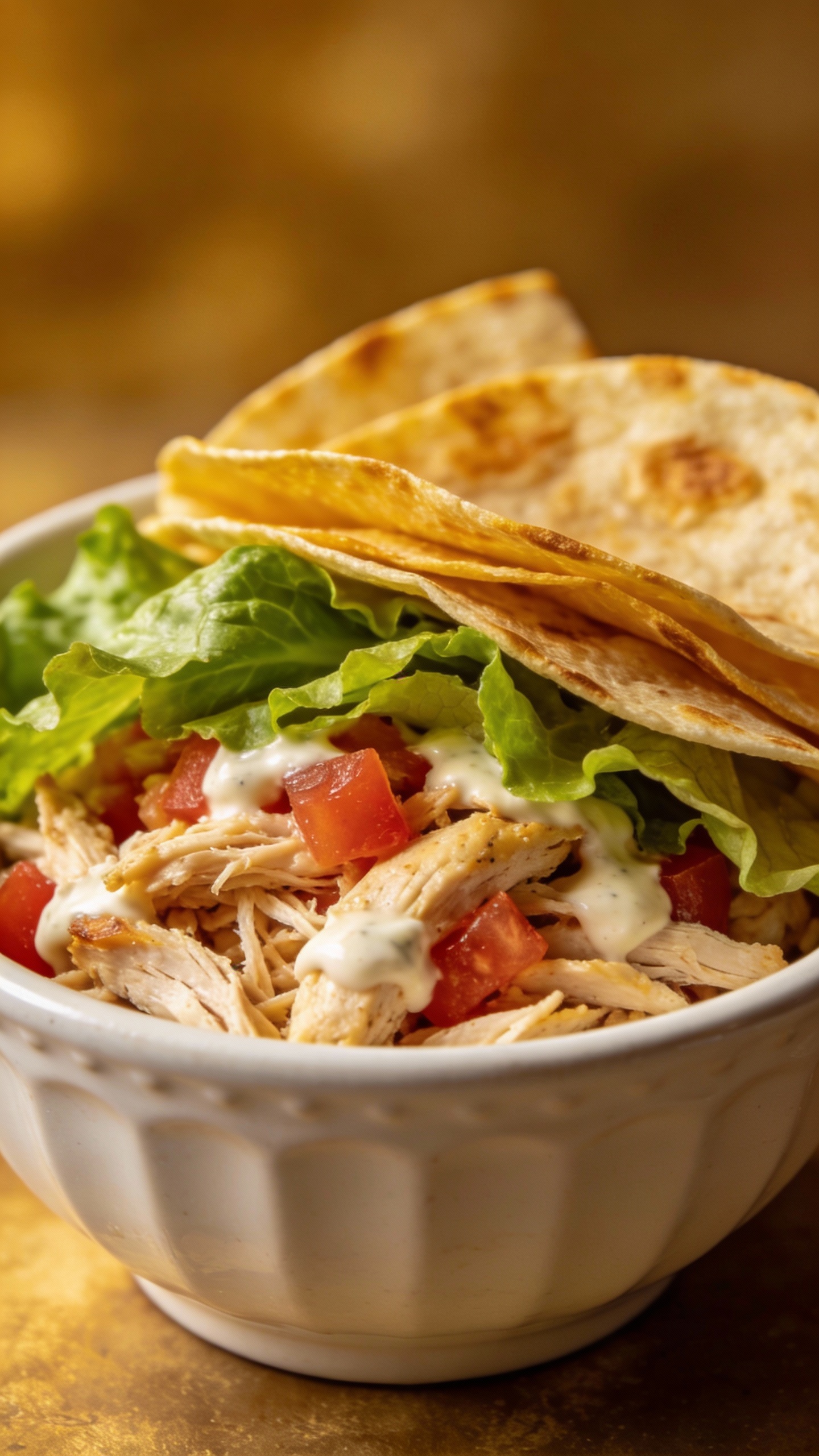 Chicken wrap filling in bowl, crisp lettuce, sliced tortillas