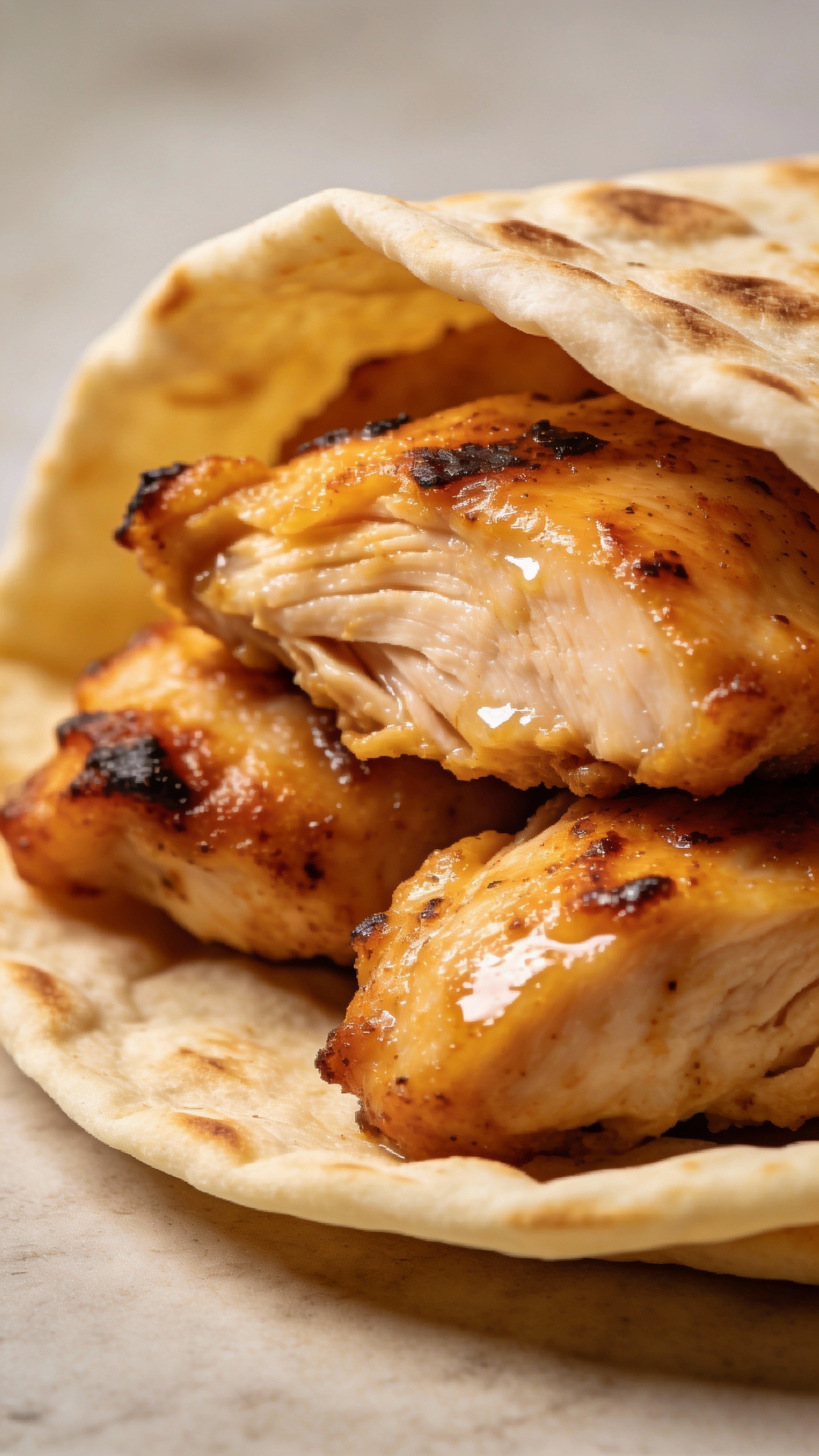 Close-up juicy air-fried chicken in tortilla, minimal styling