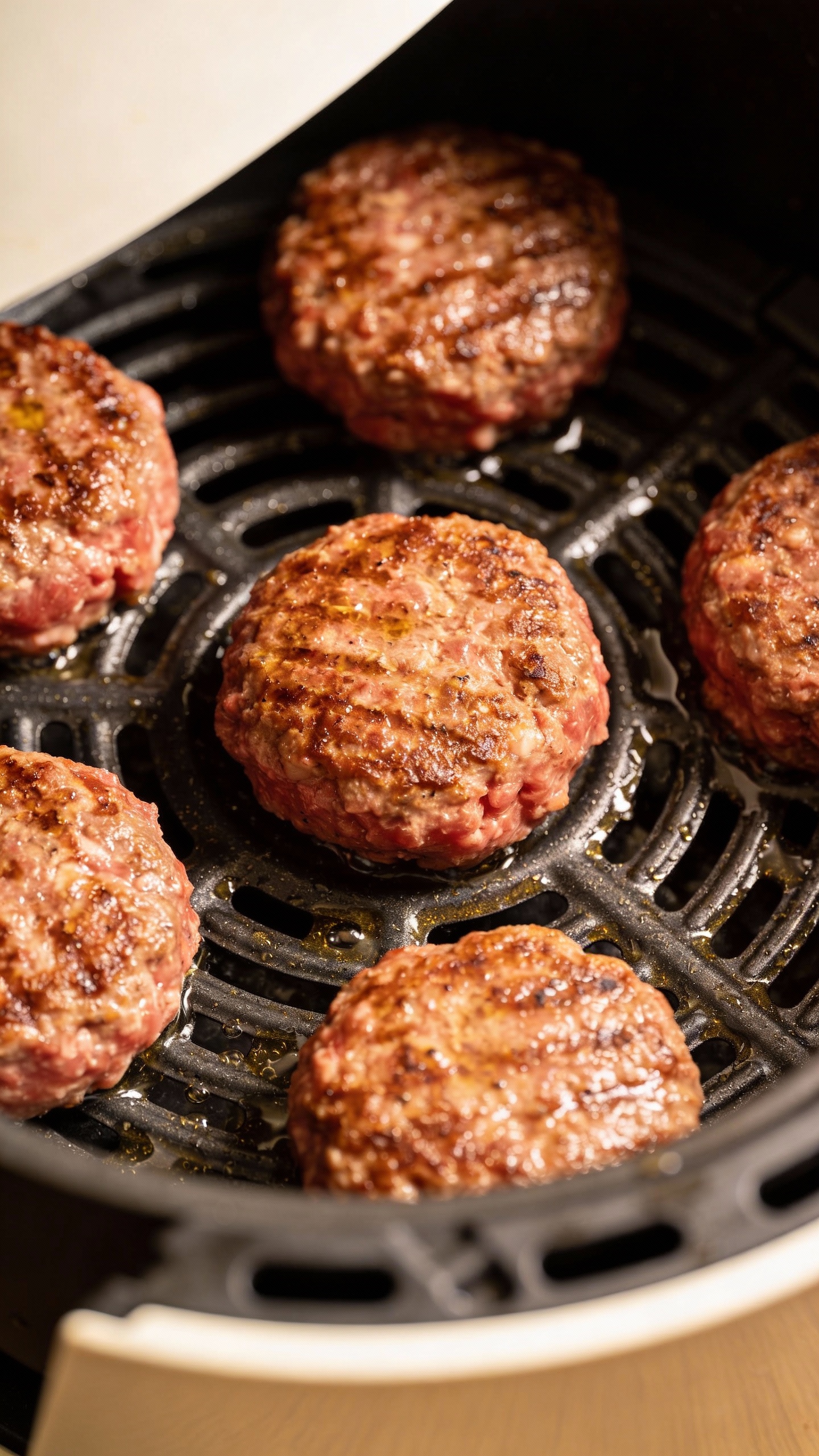 air fryer beef patties on tray, sizzling, overhead