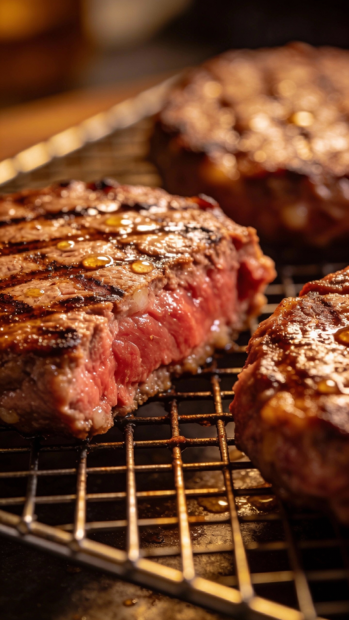 juicy 80/20 burger patties on wire rack, close-up
