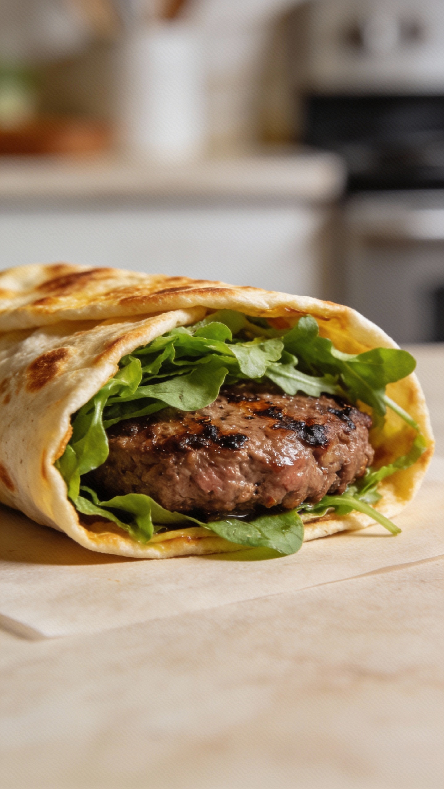 loaded beef patty wrap with greens, minimal kitchen backdrop