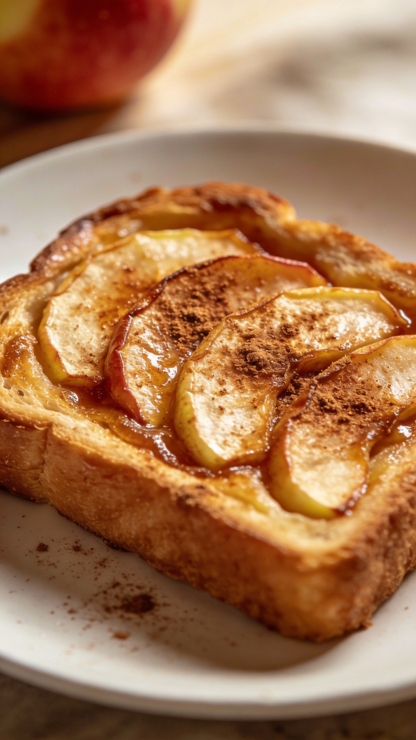 Air fryer apple toast on white plate, cinnamon sugar sprinkle