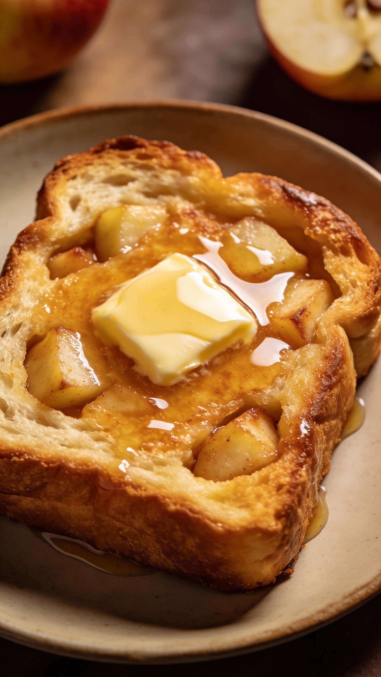 Thick brioche apple toast with butter glaze, overhead shot