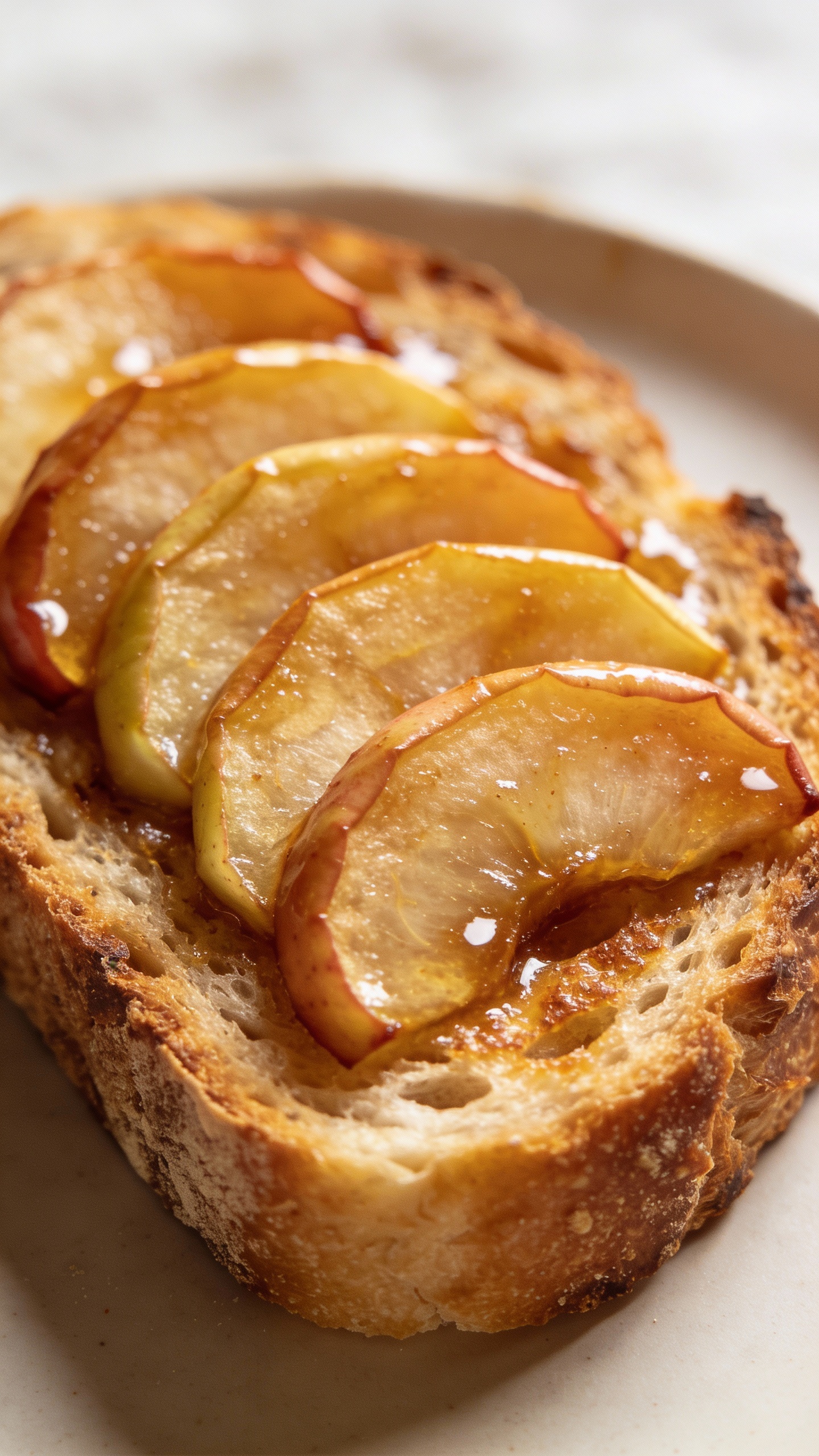 Sourdough apple toast with caramelized slices, minimal studio lighting