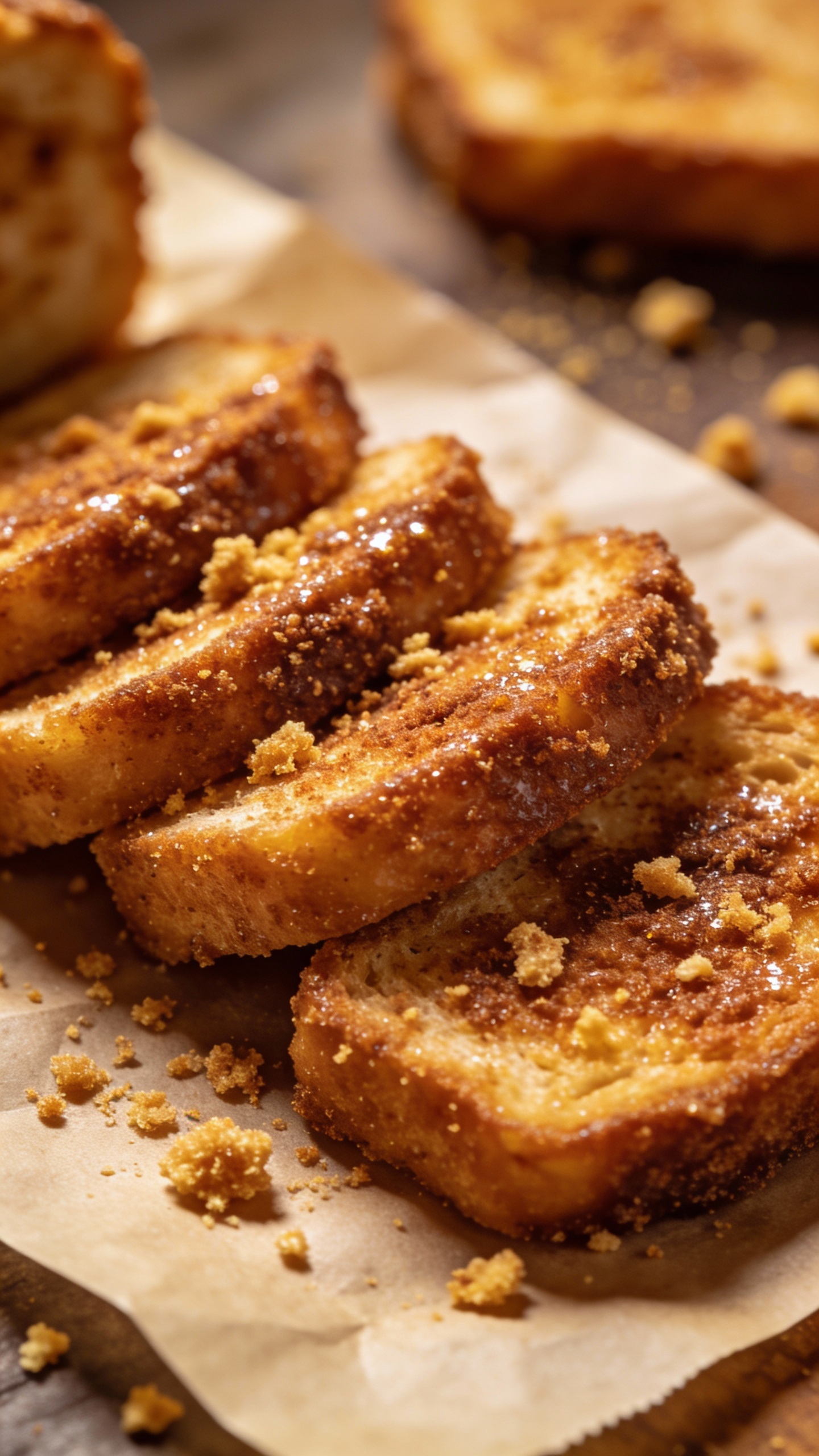 Sliced cinnamon sugar toast on parchment, golden crumbs