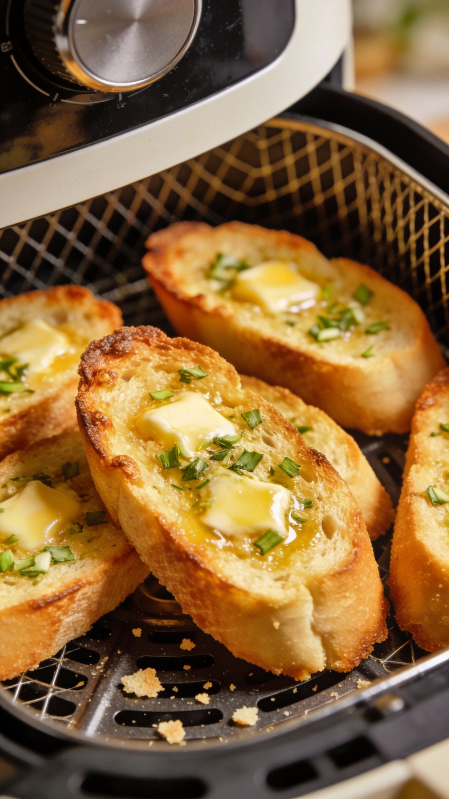 golden garlic bread slices in air fryer basket