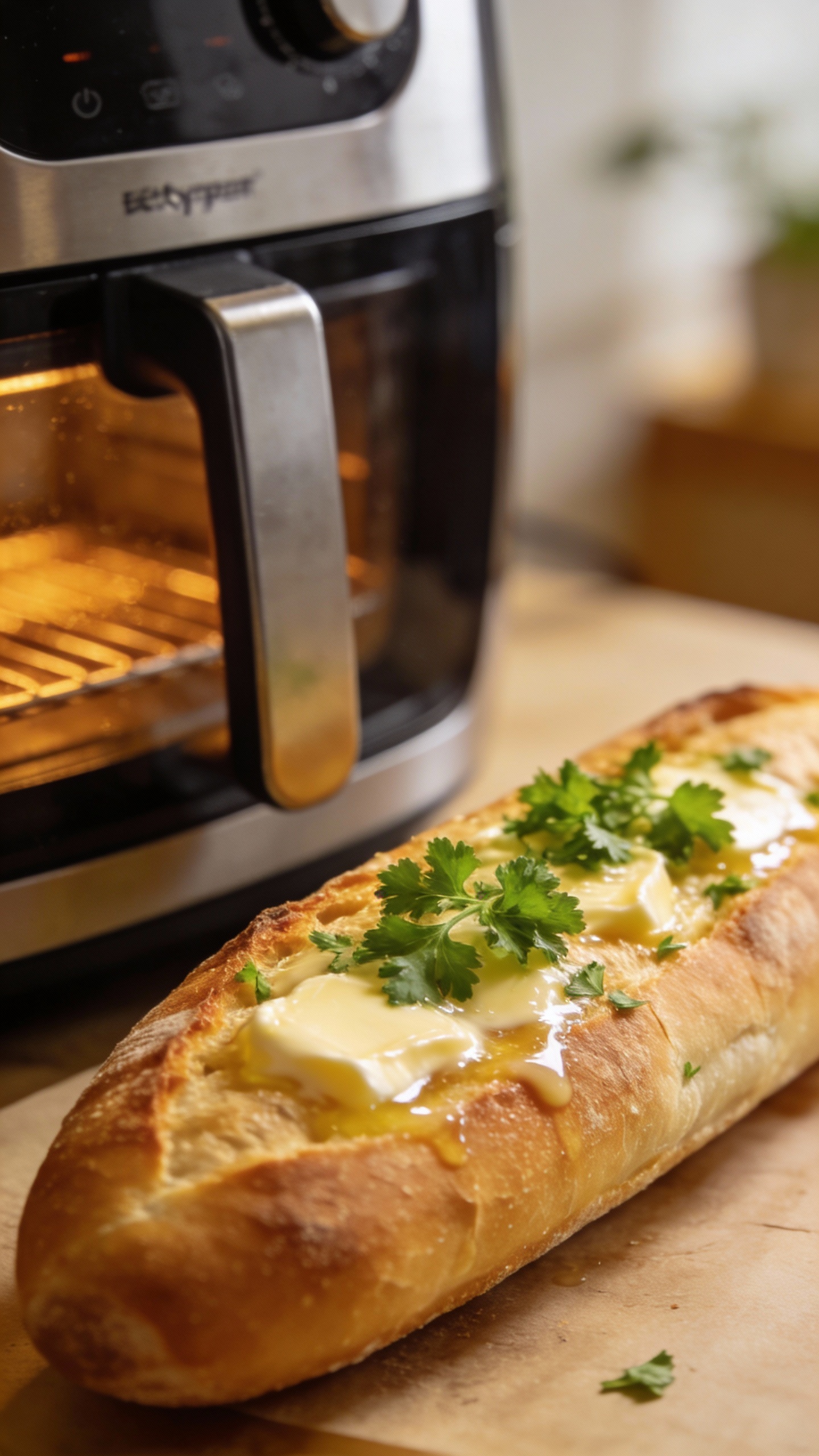 buttered baguette with parsley beside air fryer