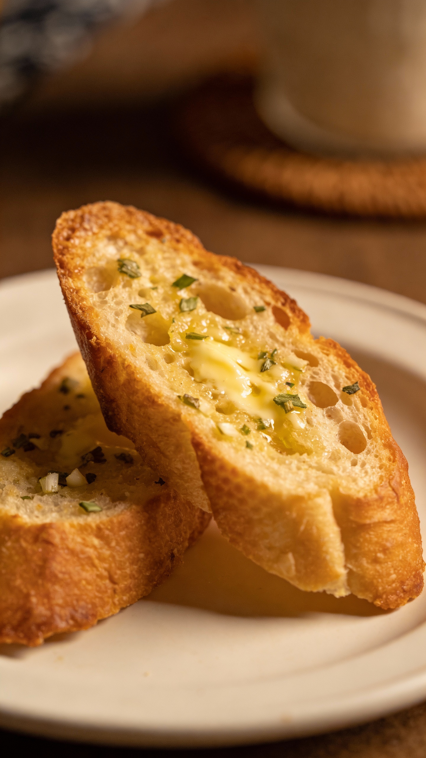 crispy garlic bread cross-section on white plate