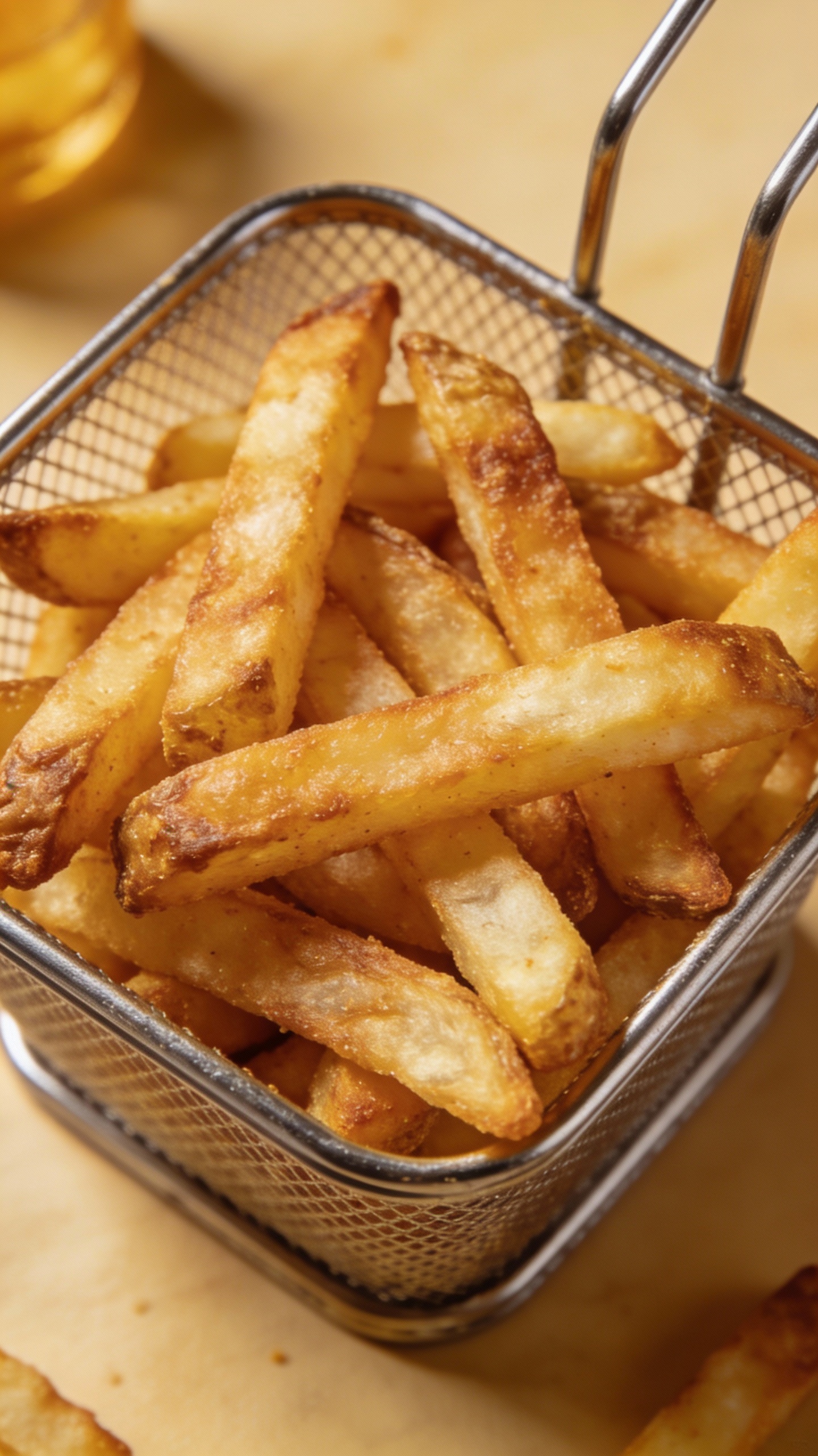 crispy air fryer frozen fries in basket, golden, overhead