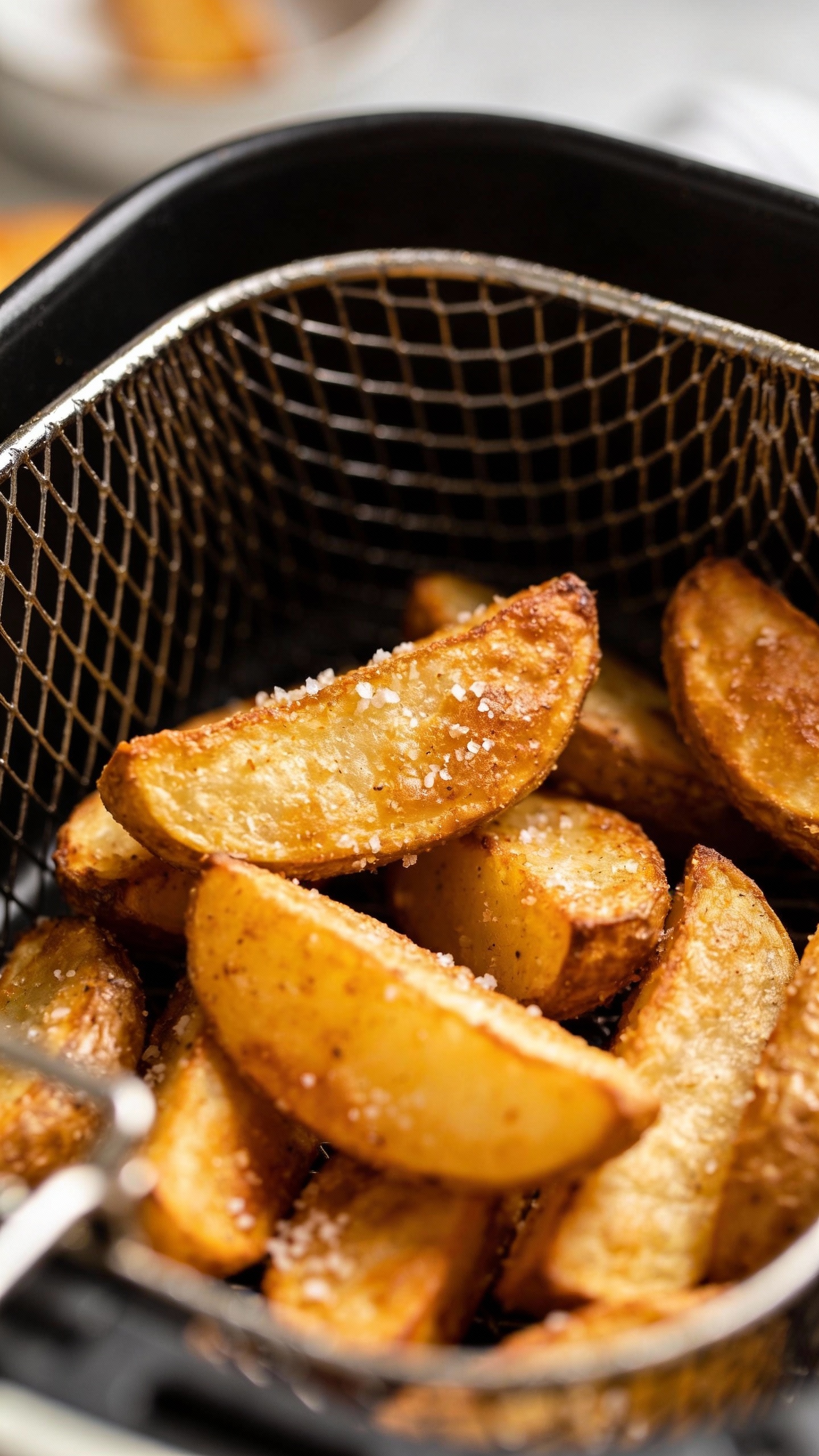 crispy air fryer potatoes in basket, golden and salted