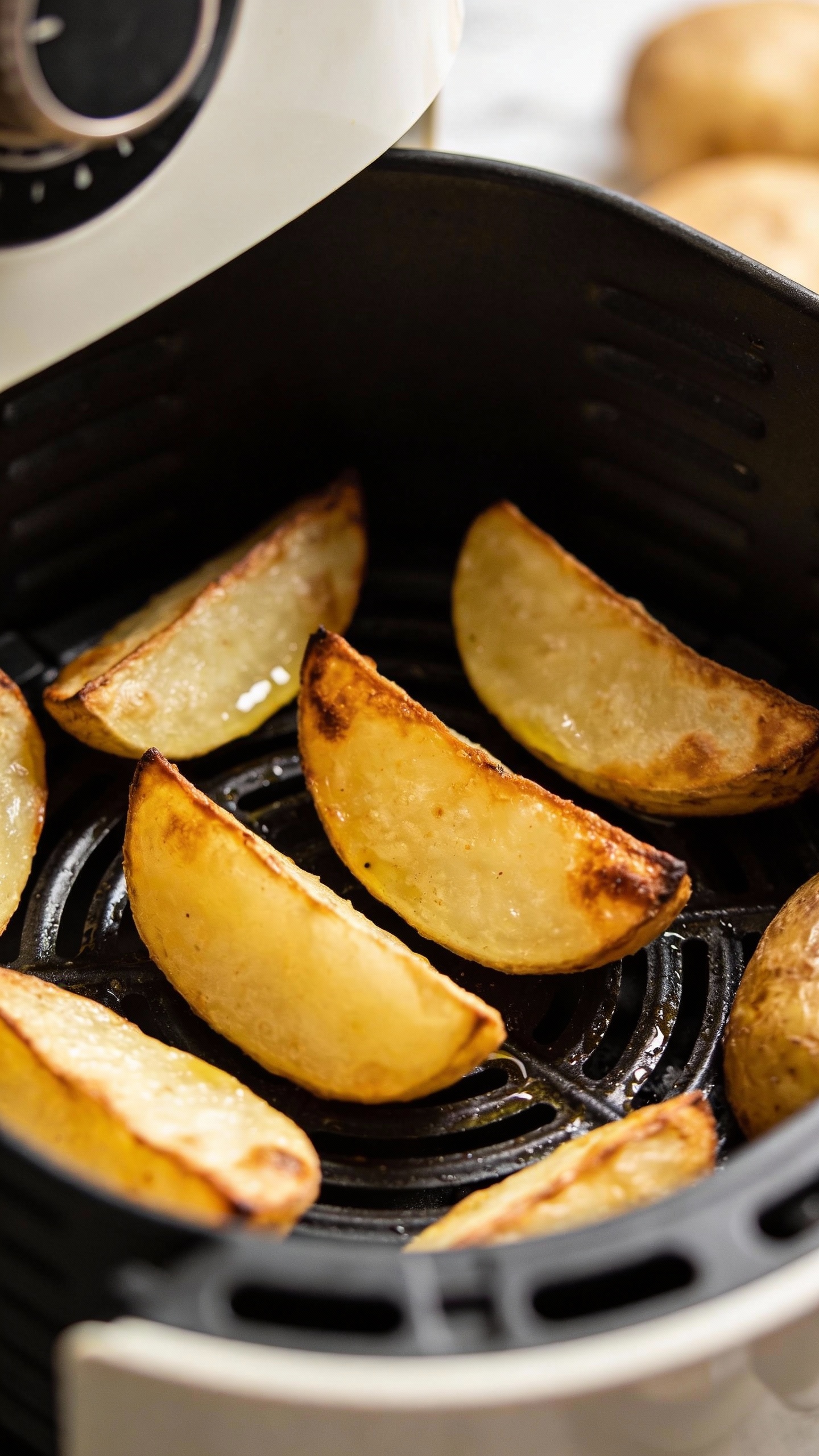 Yukon Gold potato wedges, air fryer tray, crunchy edges
