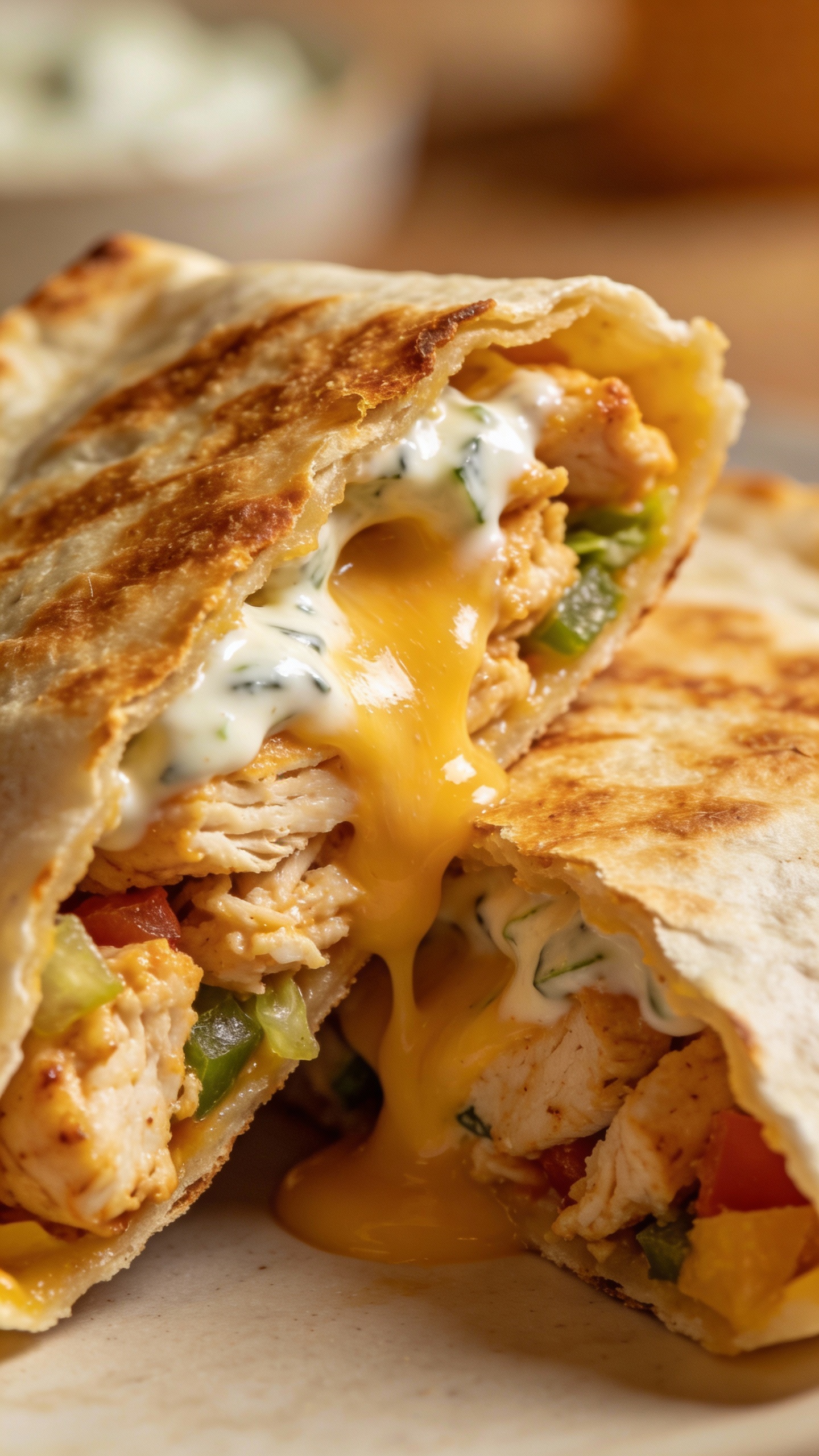 Chicken ranch crunchwrap cut in half, melty cheese spill