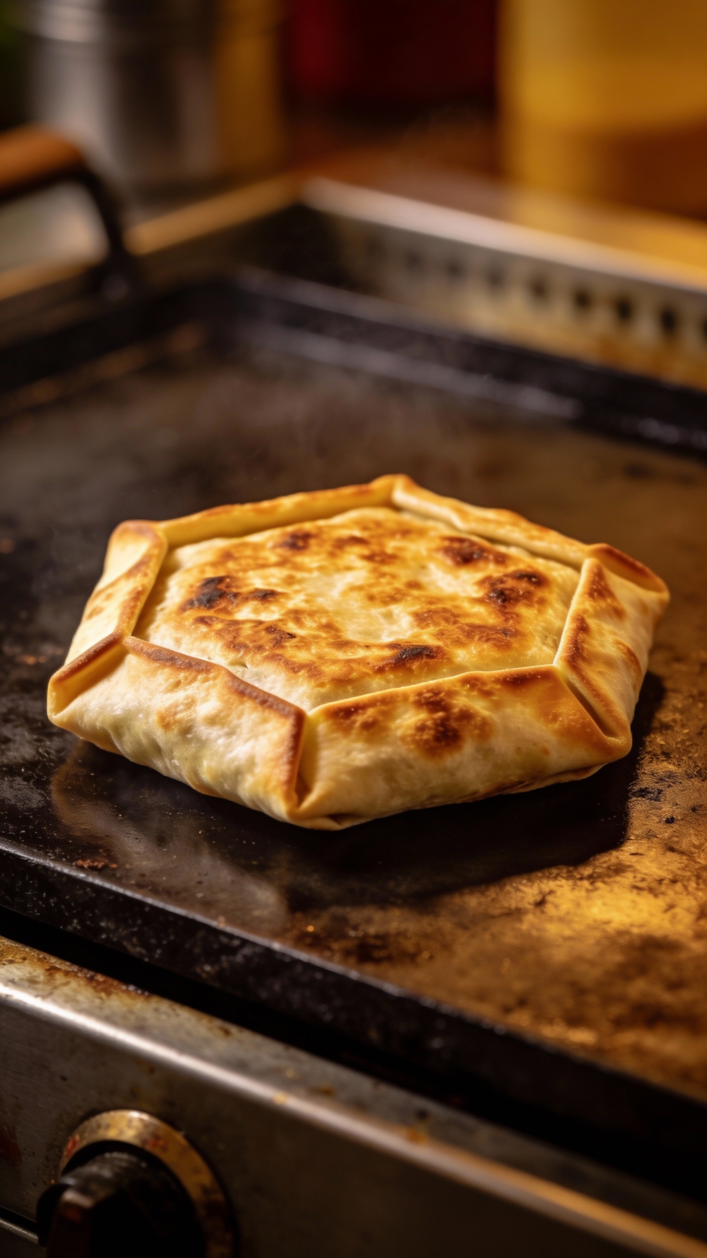 Golden toasted crunchwrap on griddle, hexagon folds visible