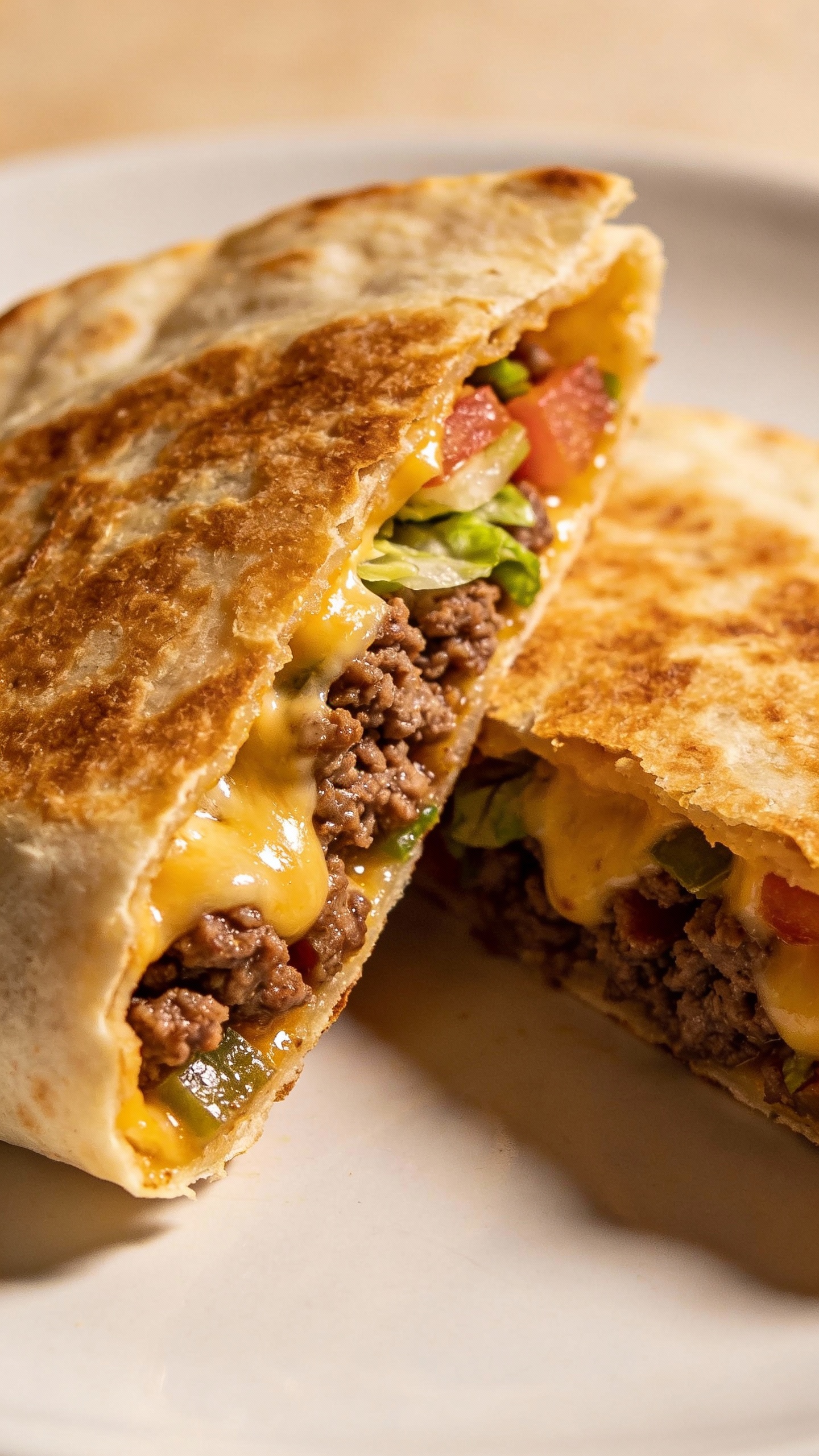 cheesy beef crunchwrap cut in half on white plate