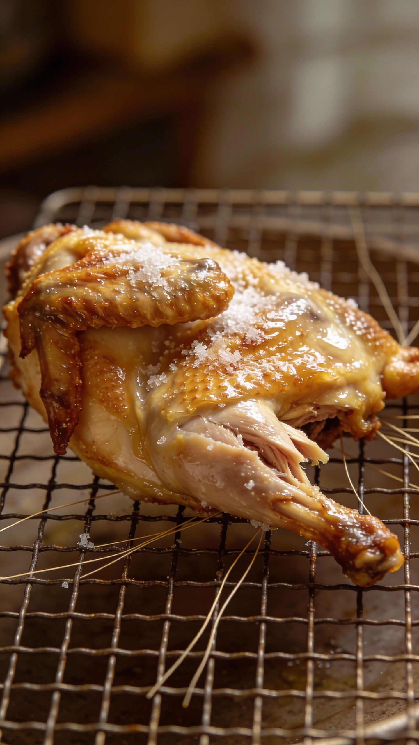 salted chicken resting 45 minutes on wire rack, close-up