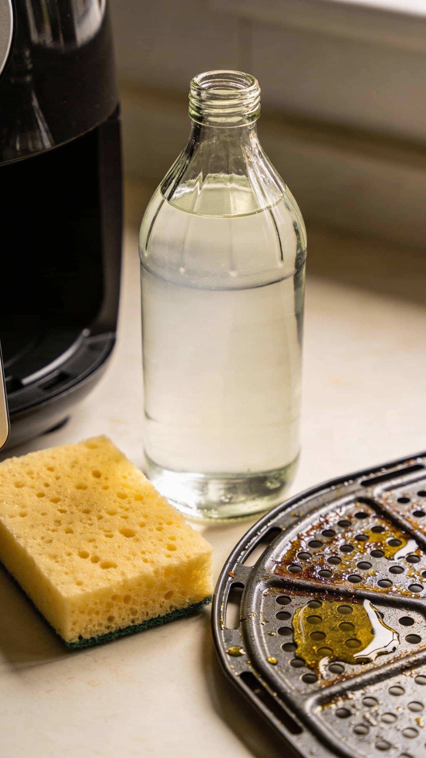White distilled vinegar bottle beside sponge and greasy air fryer tray