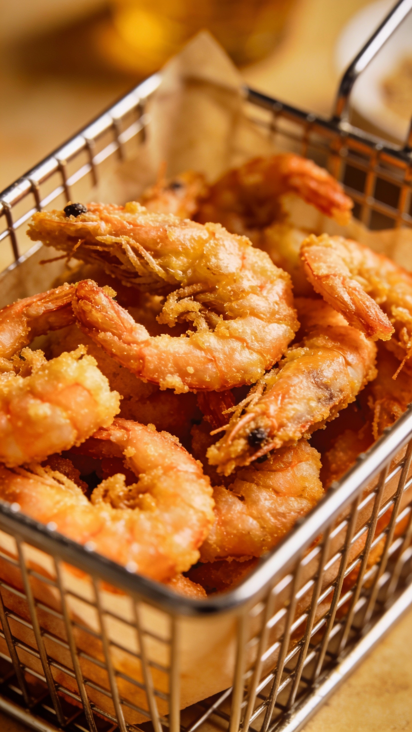 Crispy air fryer shrimp in basket, golden, overhead shot