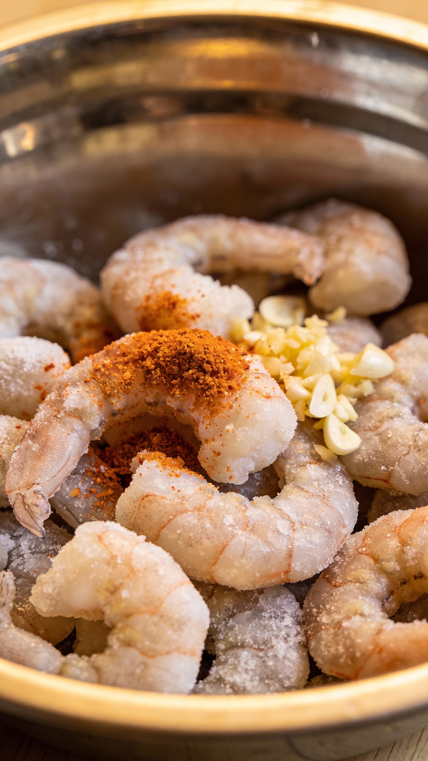 Frozen shrimp tossed with paprika and garlic, stainless bowl
