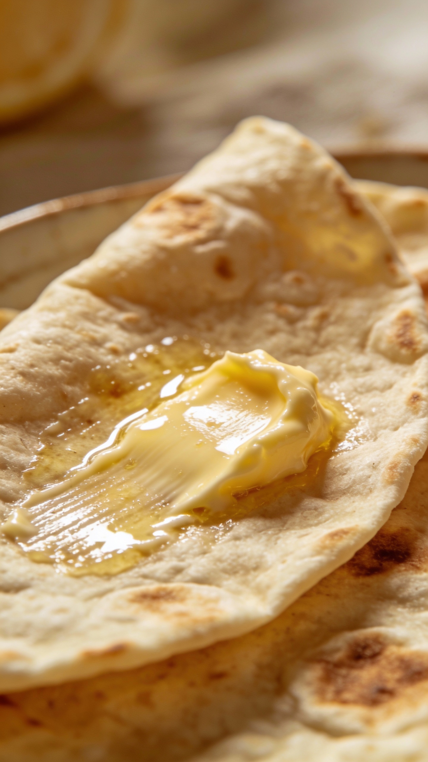Brushed garlic butter on flour tortilla, close-up