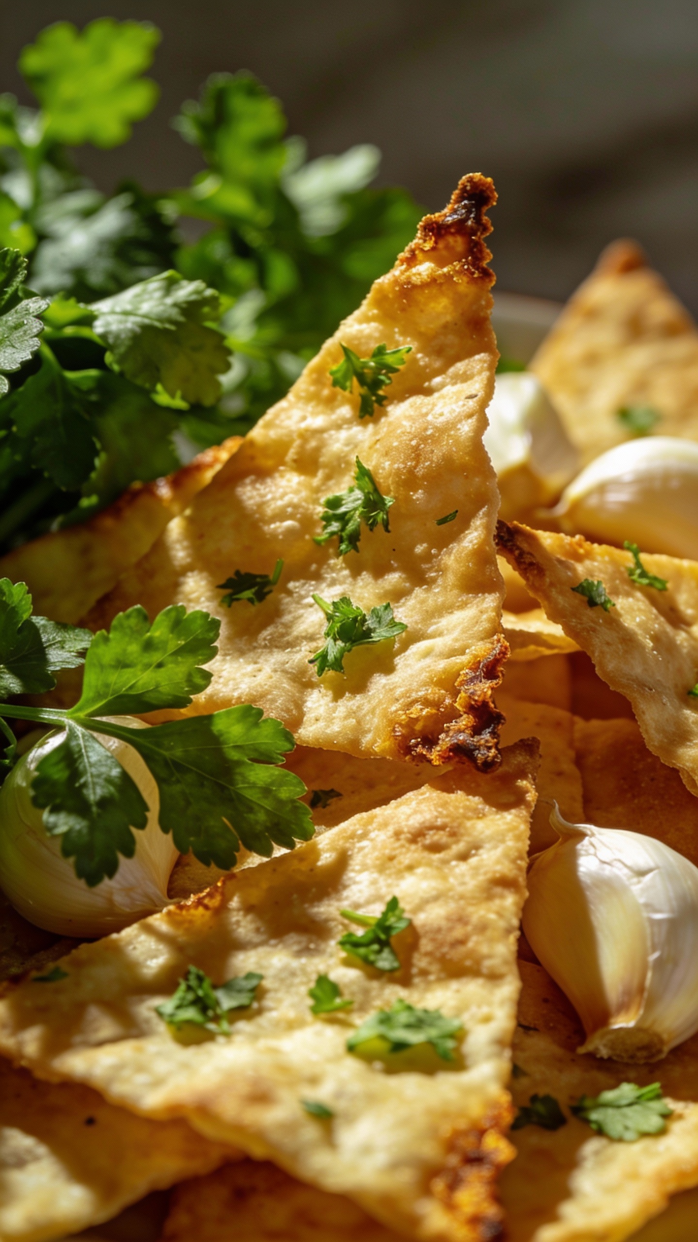 Golden tortilla garlic wedges with parsley, studio lighting