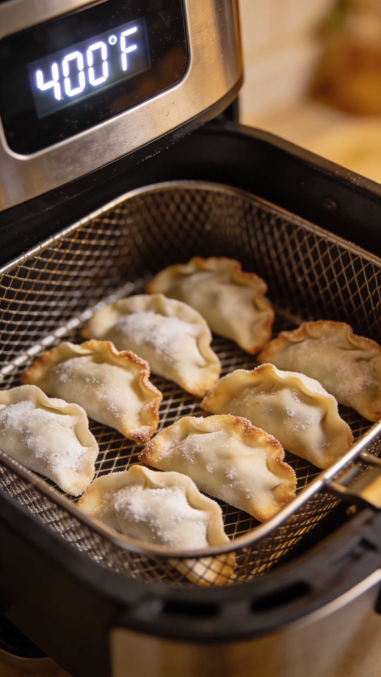 Frozen mandu in air fryer basket, 400°F display visible