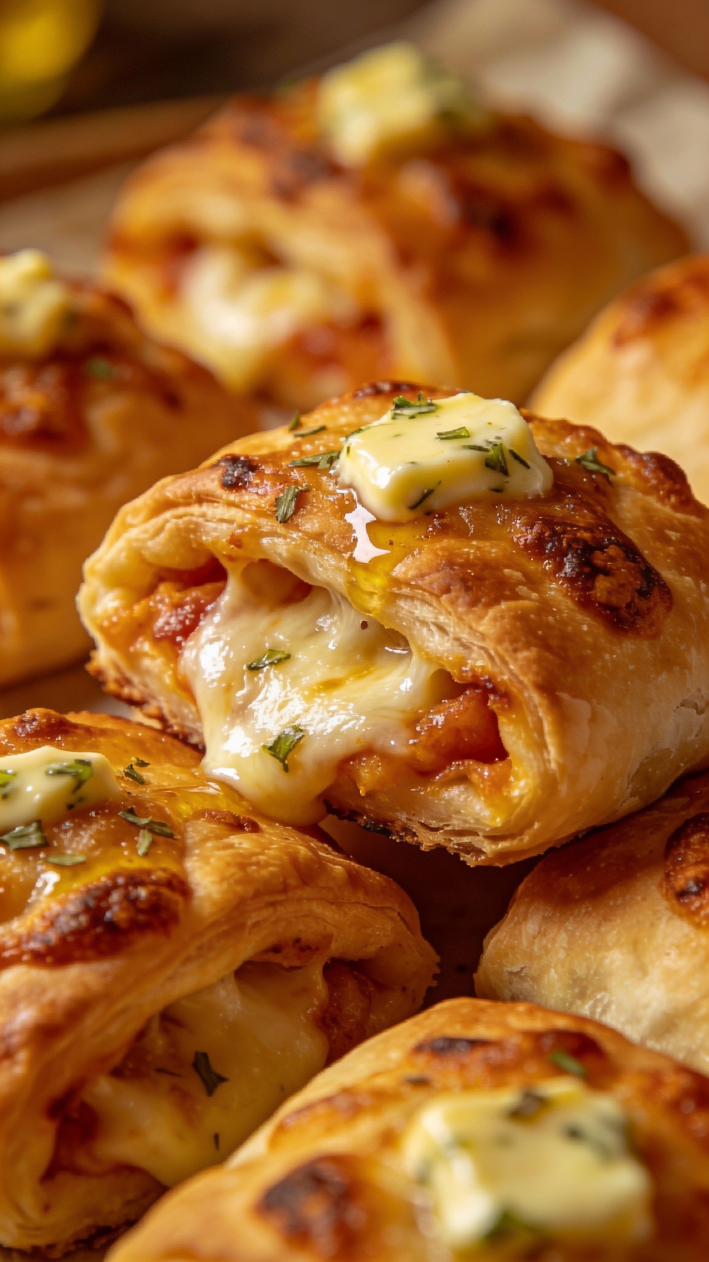 Golden pizza rolls brushed with garlic butter, close-up