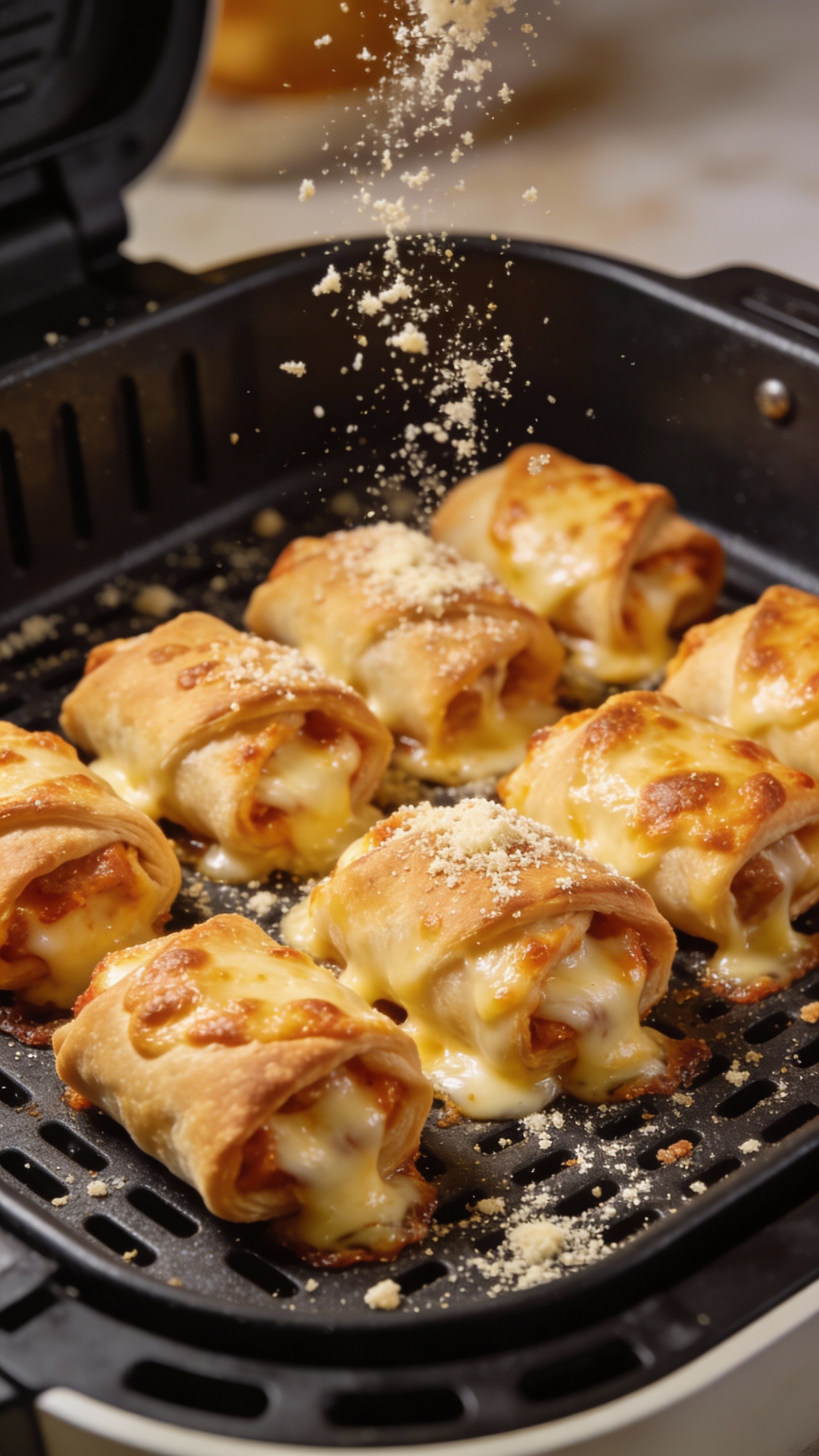 Air fryer tray with cheesy pizza rolls and parmesan sprinkle