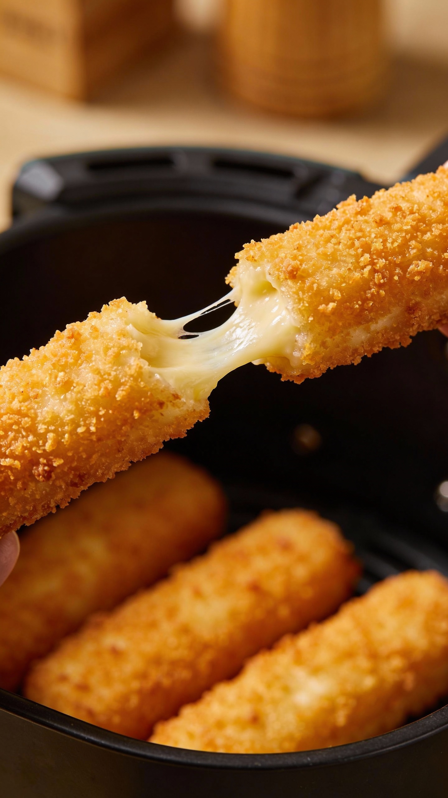 Air fryer mozzarella sticks, crispy breadcrumb crust, cheese pull