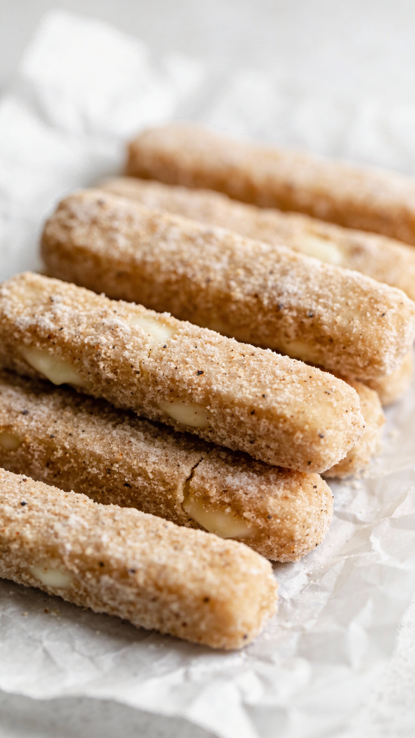 Frozen breaded mozzarella sticks on parchment, prepped for air fryer