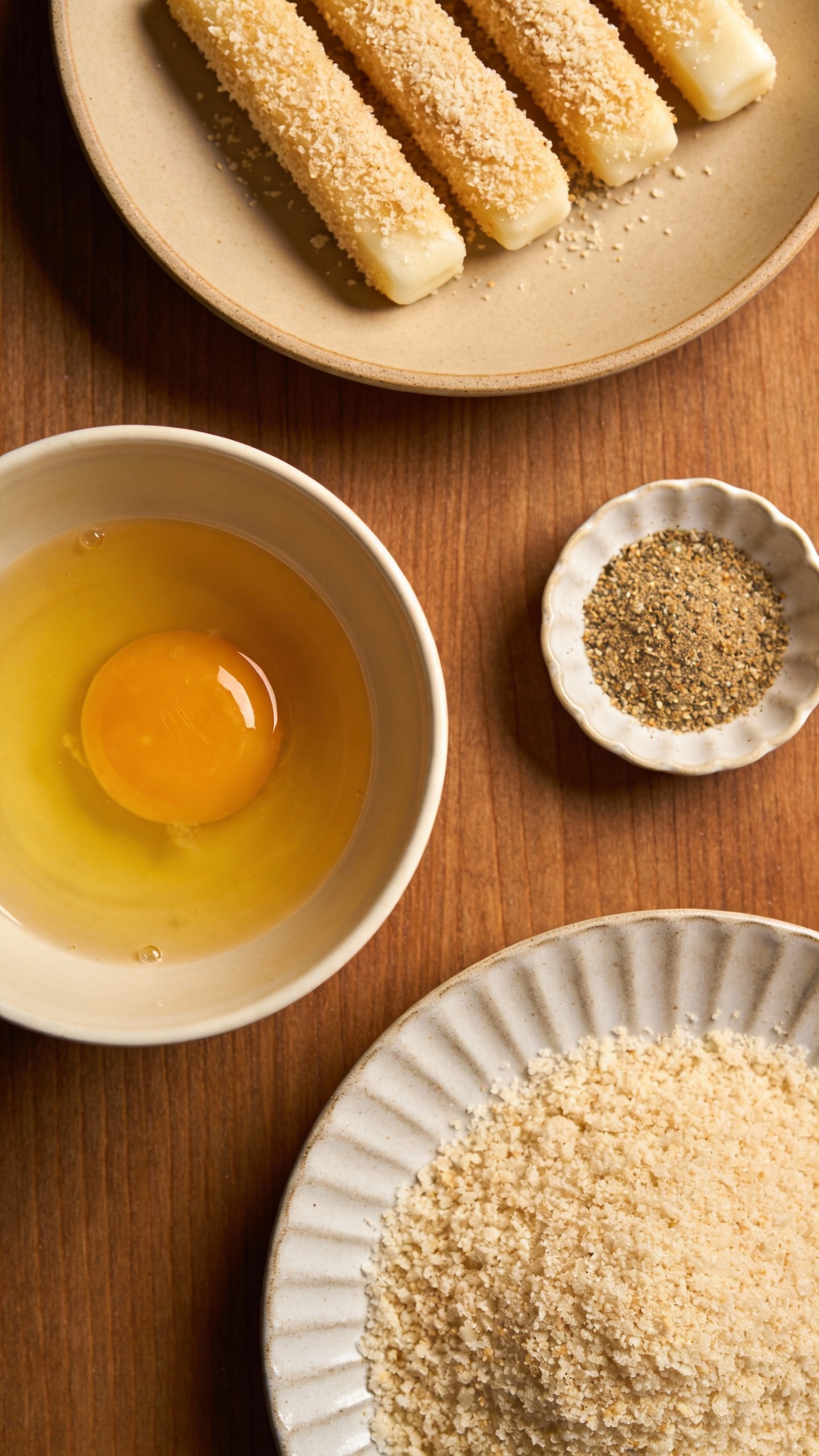 Breading station: mozzarella sticks, eggs, breadcrumbs, seasoning, overhead shot