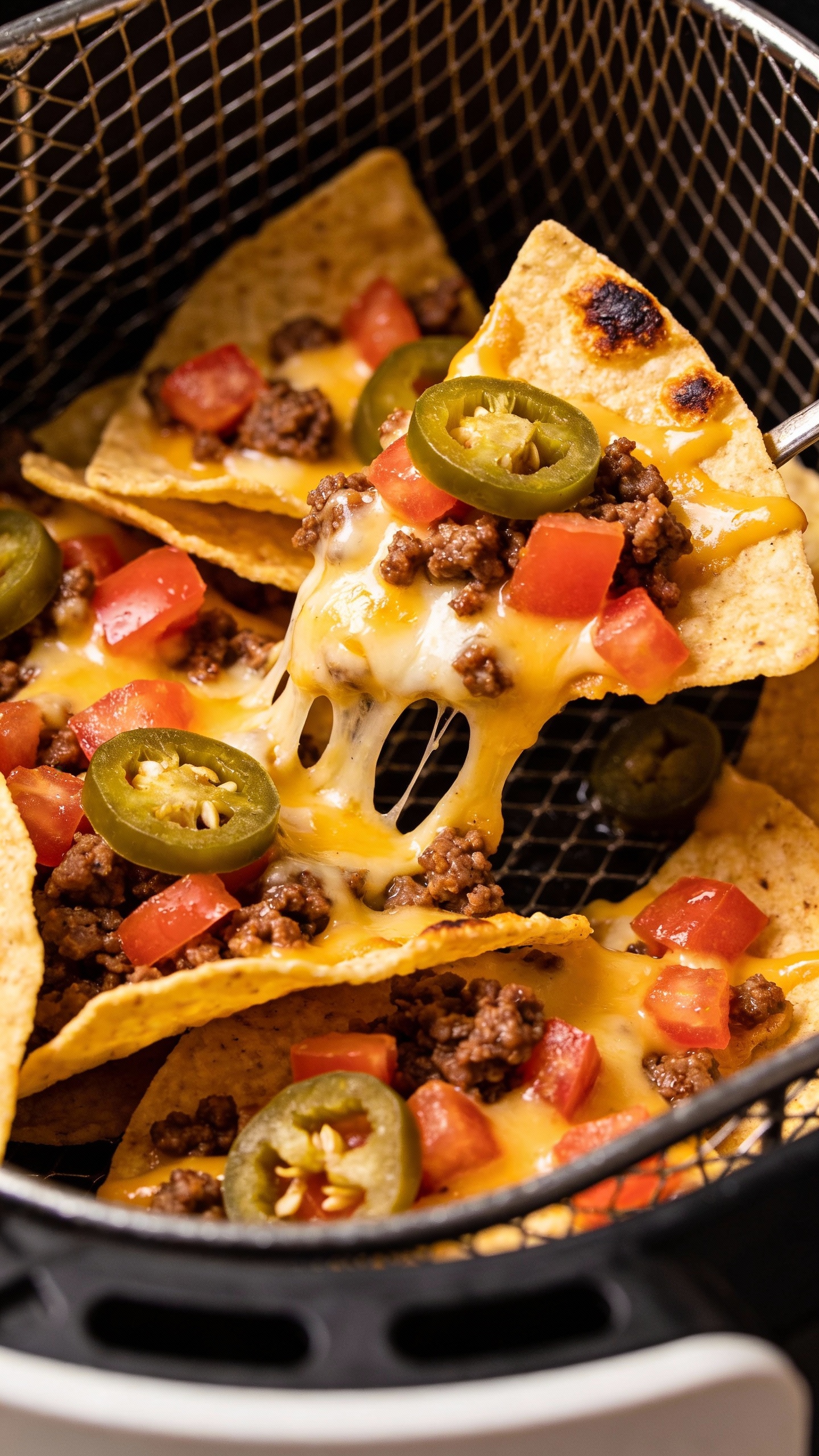 air fryer basket filled with loaded nachos, melty cheese
